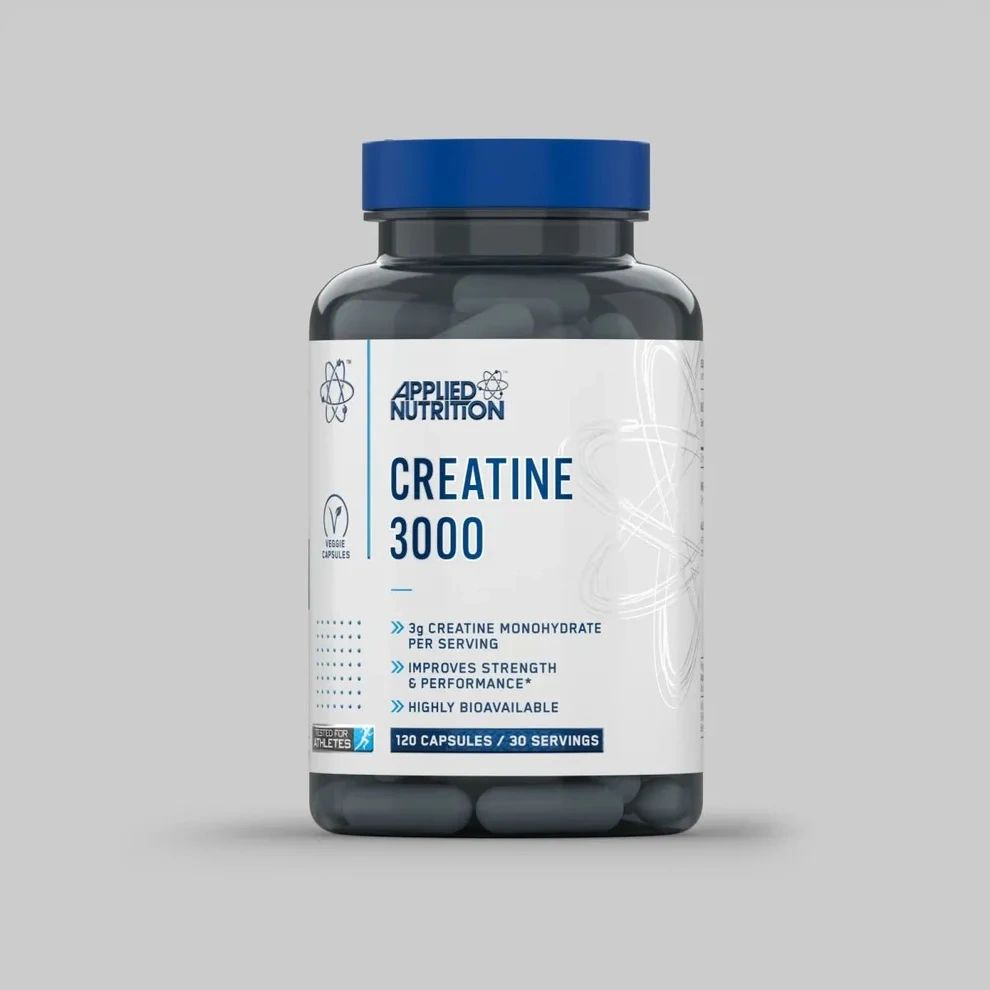 Dunkle Flasche mit Kapseln. Aufschrift: Applied Nutrition Creatine 3000. Enthält 120 Kapseln/30 Portionen. Vegan-Siegel.