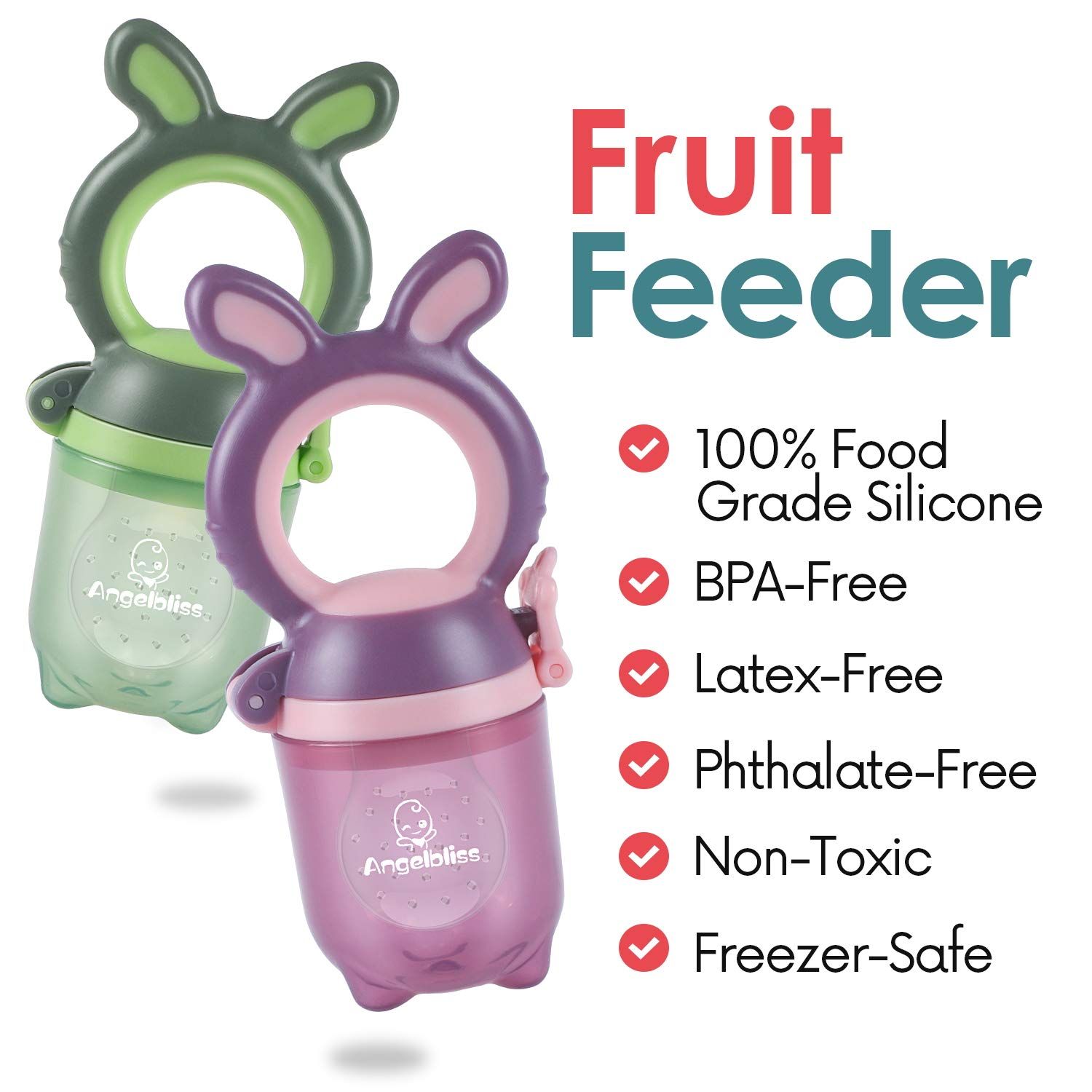 Zwei Fruchtsauger, grün und lila, mit Text: 100% lebensmittelechtes Silikon, BPA-frei, latexfrei, phthalatfrei, ungiftig, gefriergeeignet.
