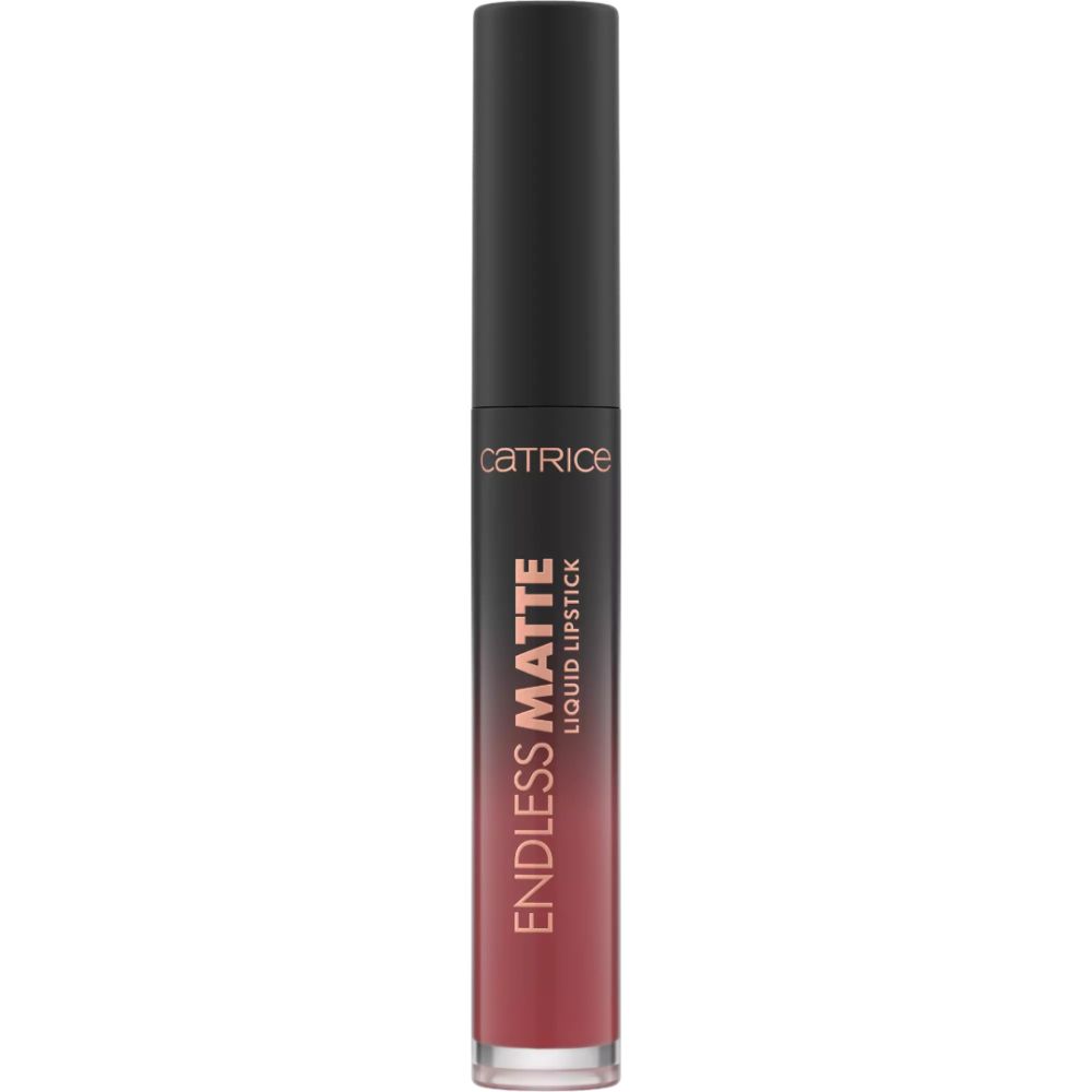 Geschlossener flüssiger Lippenstift. Schwarzer Deckel, transparente Flasche, roter Inhalt. Aufschrift: CATRICE, ENDLESS MATTE LIQUID LIPSTICK.