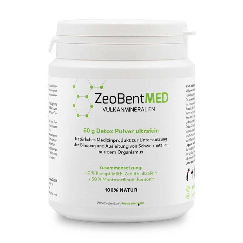 Weiße Dose ZeoBent MED. Text: 60 g Detox Pulver ultrafein. 100% Natur. Zusammensetzung: 50% Klinoptilolith-Zeolith ultrafein, 50% Montmorillonit-Bentonit.