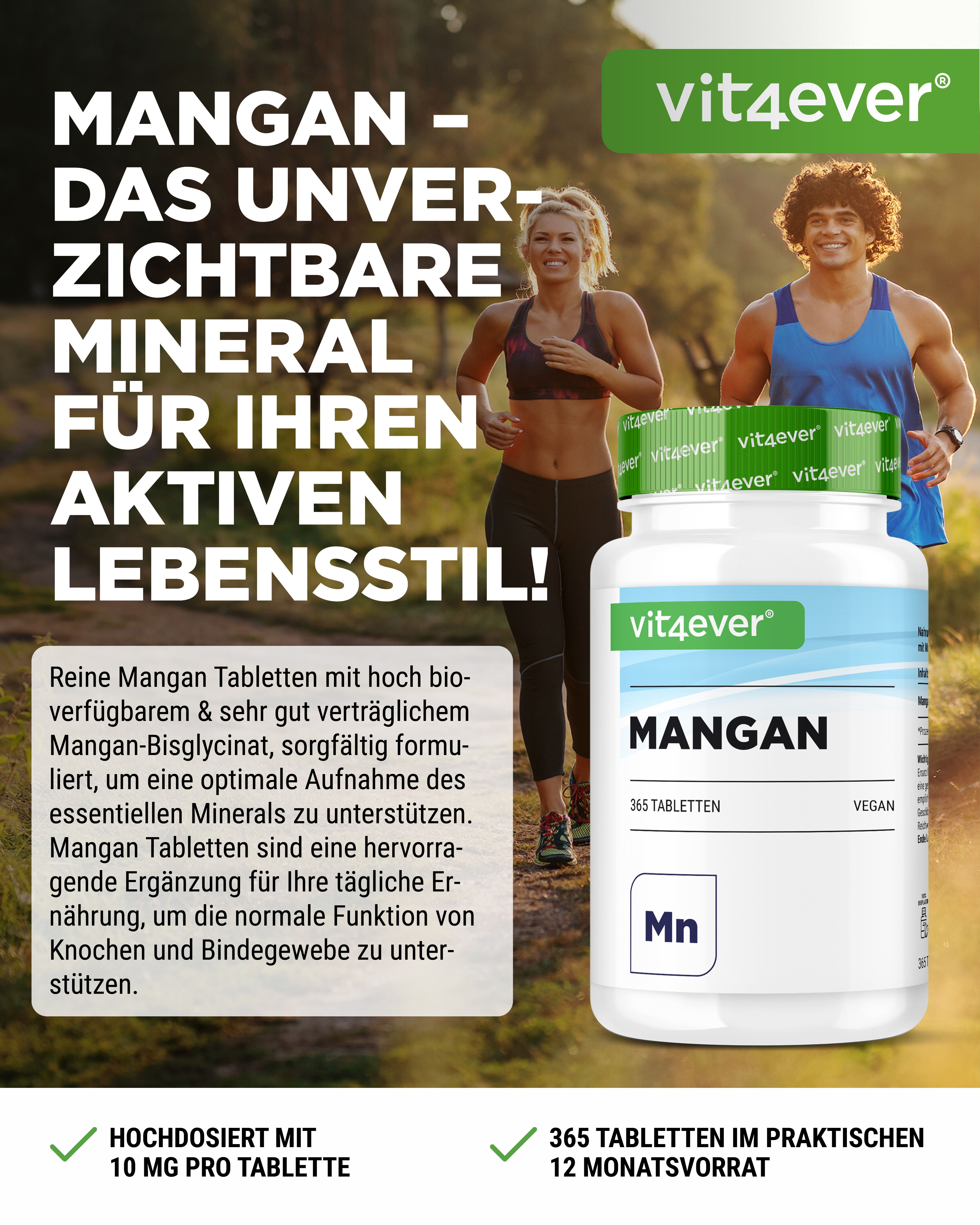 Werbebild mit Läufern und Produkt. Flasche "vit4ever Mangan". Text: "Mangan - das unverzichtbare Mineral".