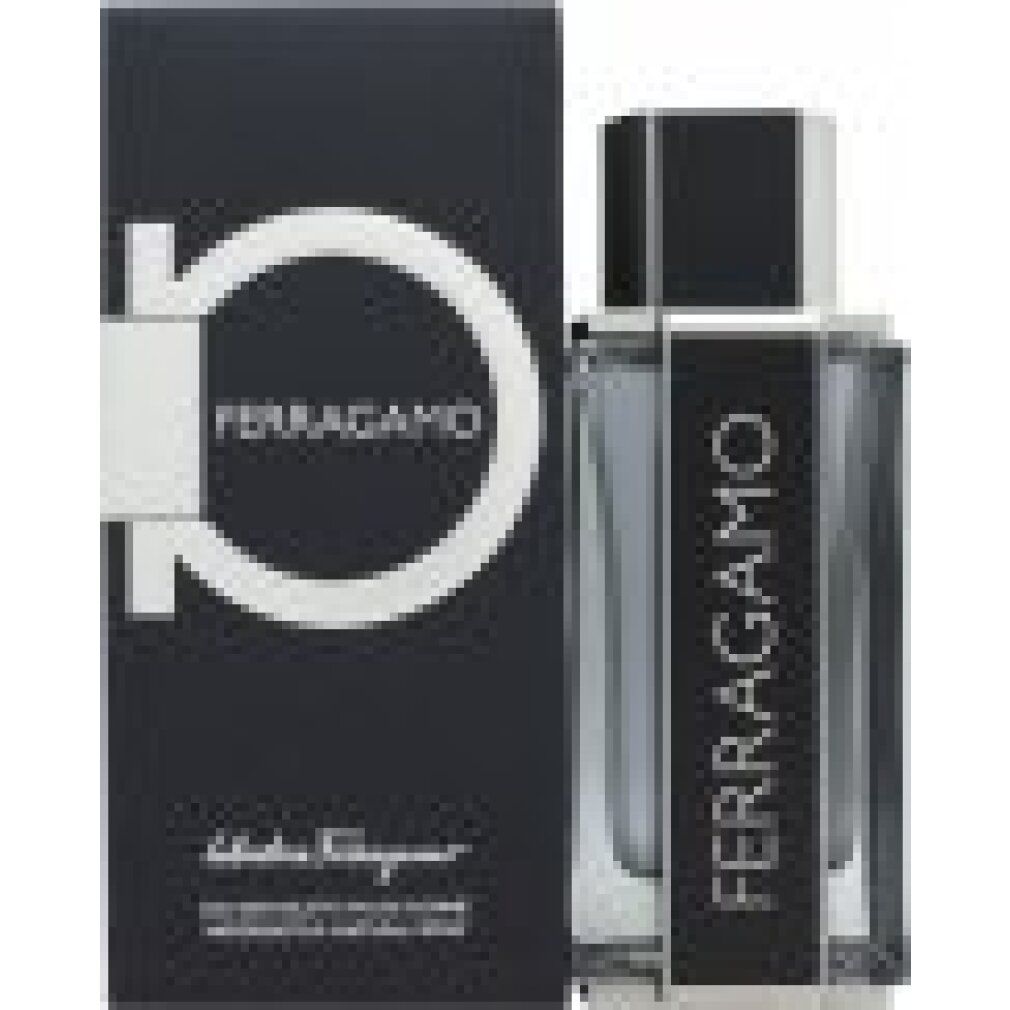 Flakon und Schachtel. Schwarze Schachtel mit weißem Ferragamo-Logo. Flakon mit Ferragamo-Schriftzug.