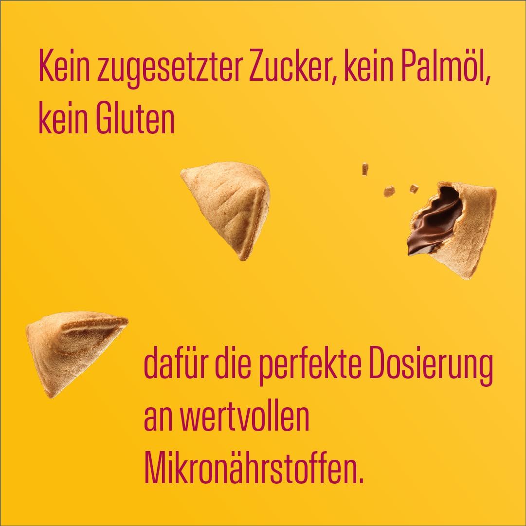 Drei Snacks auf gelbem Hintergrund. Text: "Kein Zucker, kein Palmöl, kein Gluten". Text: "perfekte Dosierung an Mikronährstoffen".