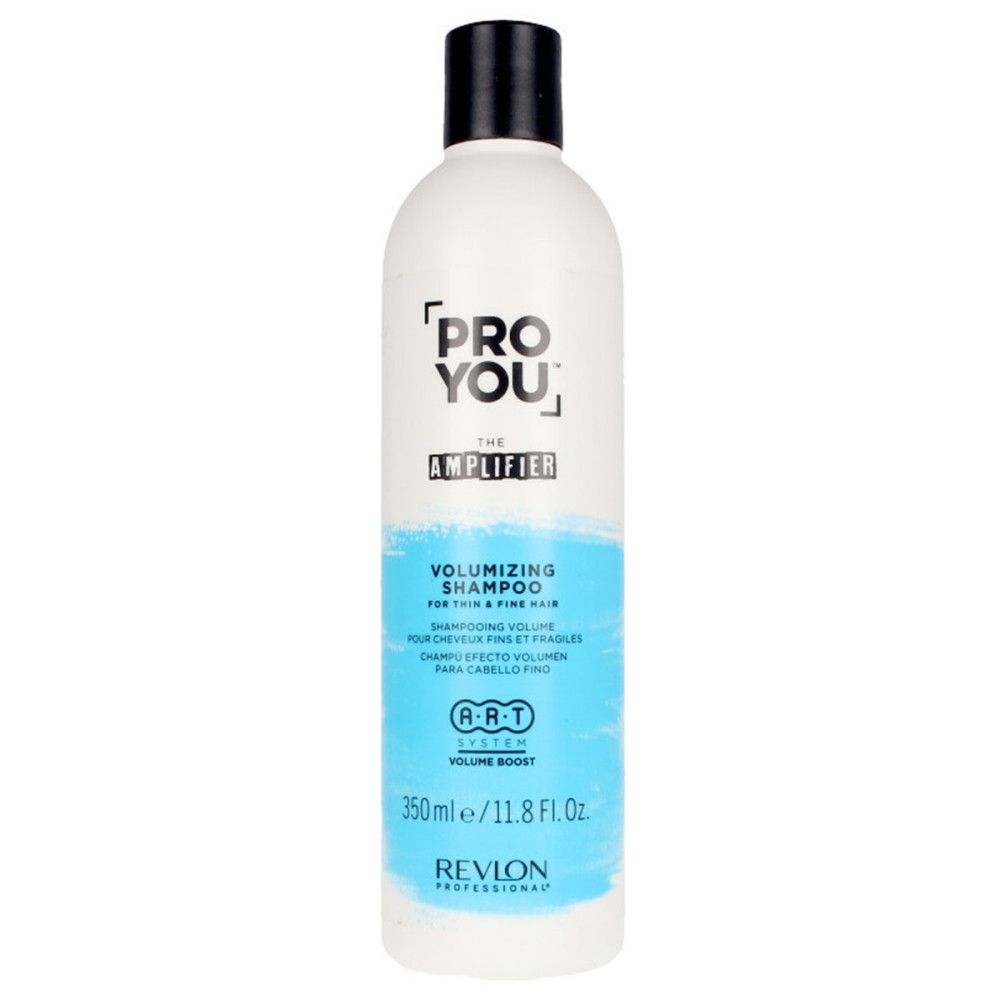 Weiße Shampoo-Flasche mit schwarzem Deckel. Aufschrift: PRO YOU THE AMPLIFIER, Volumizing Shampoo. 350ml/11.8 Fl. Oz. Marke: Revlon.
