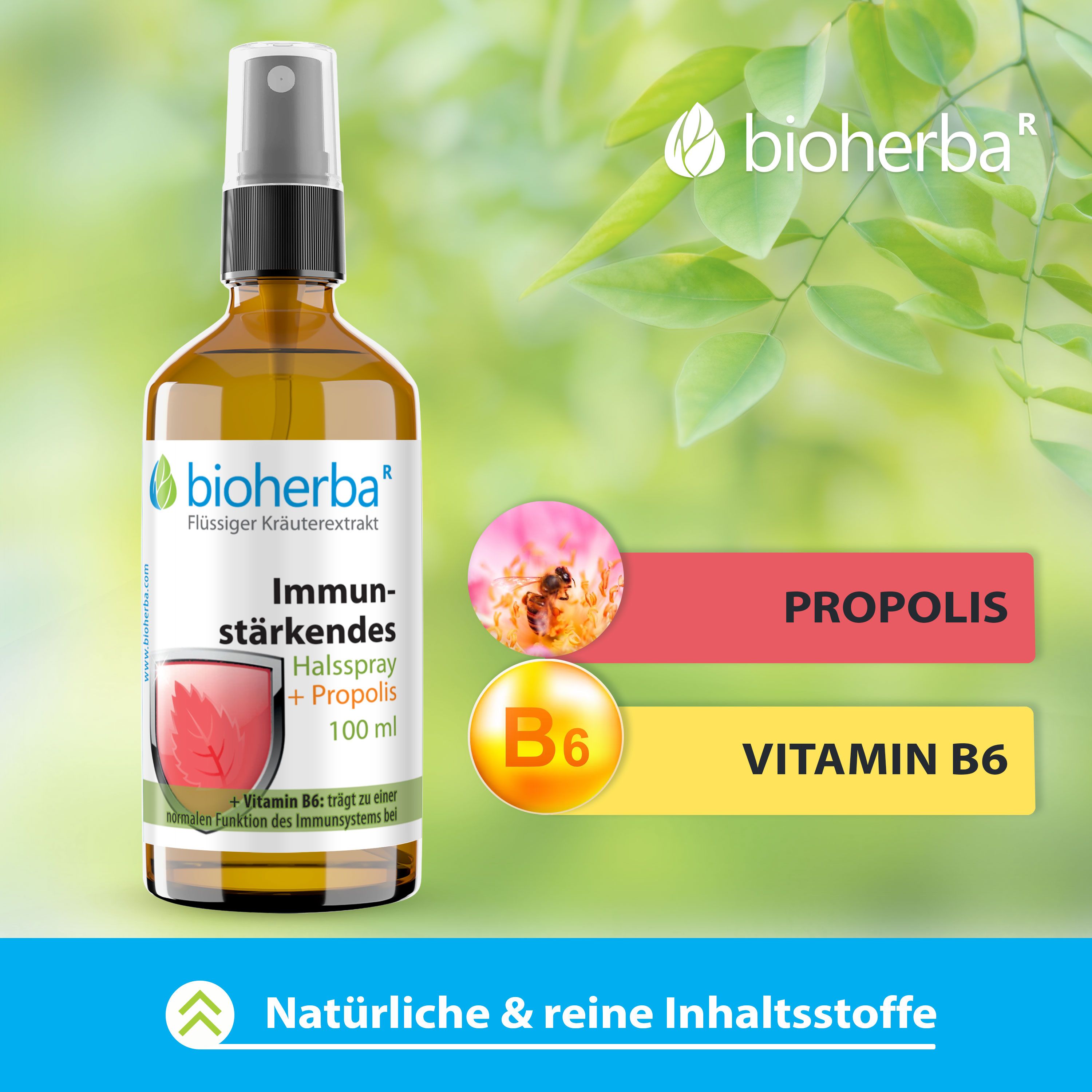Braune Flasche mit Sprühkopf. Produktname und Marke: Bioherba. Text: Immunstärkendes Halsspray + Propolis. 100 ml.