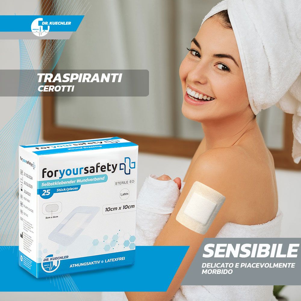 Frau mit Handtuch, Pflaster am Arm. Text: Sensibel. Atmungsaktiv und Latex-frei. Verpackung im Hintergrund.