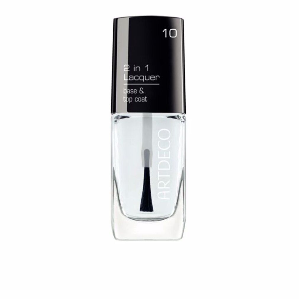 Klare Nagellackflasche mit schwarzem Deckel. Beschriftung: 2 in 1 Lacquer, base & top coat. Marke: Artdeco. Nummer 10.