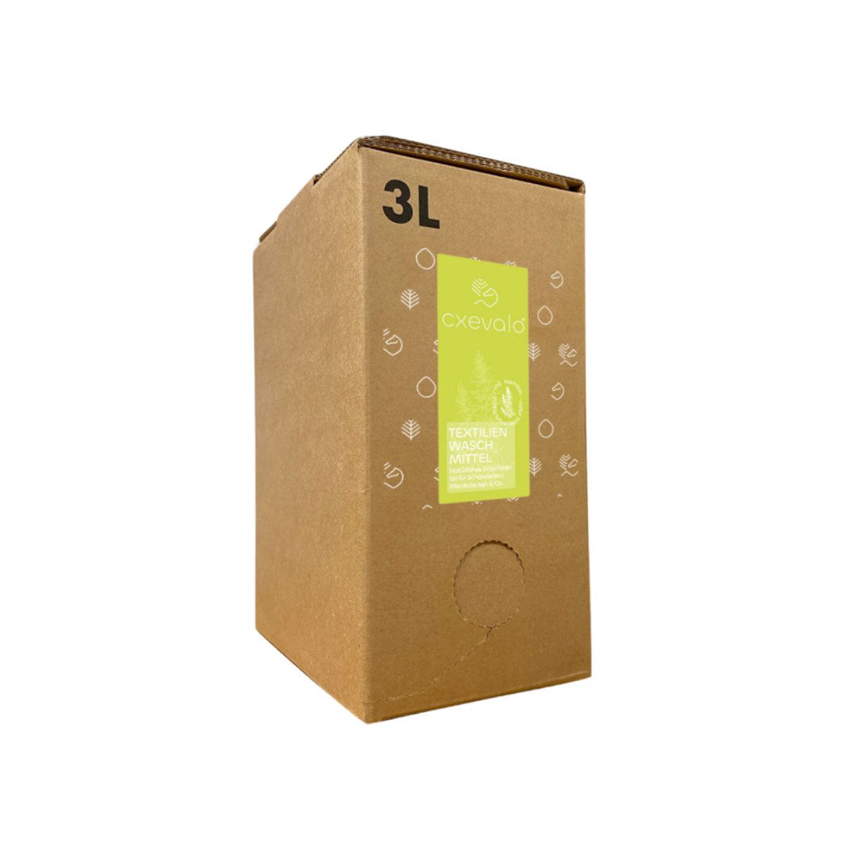 Karton mit Aufdruck '3L' und Logo. Etikett mit Schriftzug 'Textilien Wasch Mittel'.