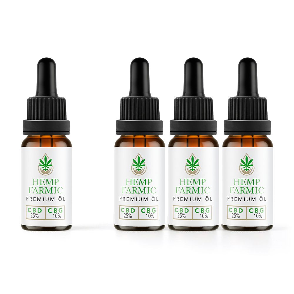 Vier Flaschen mit Etikett. Aufschrift: HempFarmic, CBD 25%, CBG 10%. Braunglasflaschen mit Pipette.