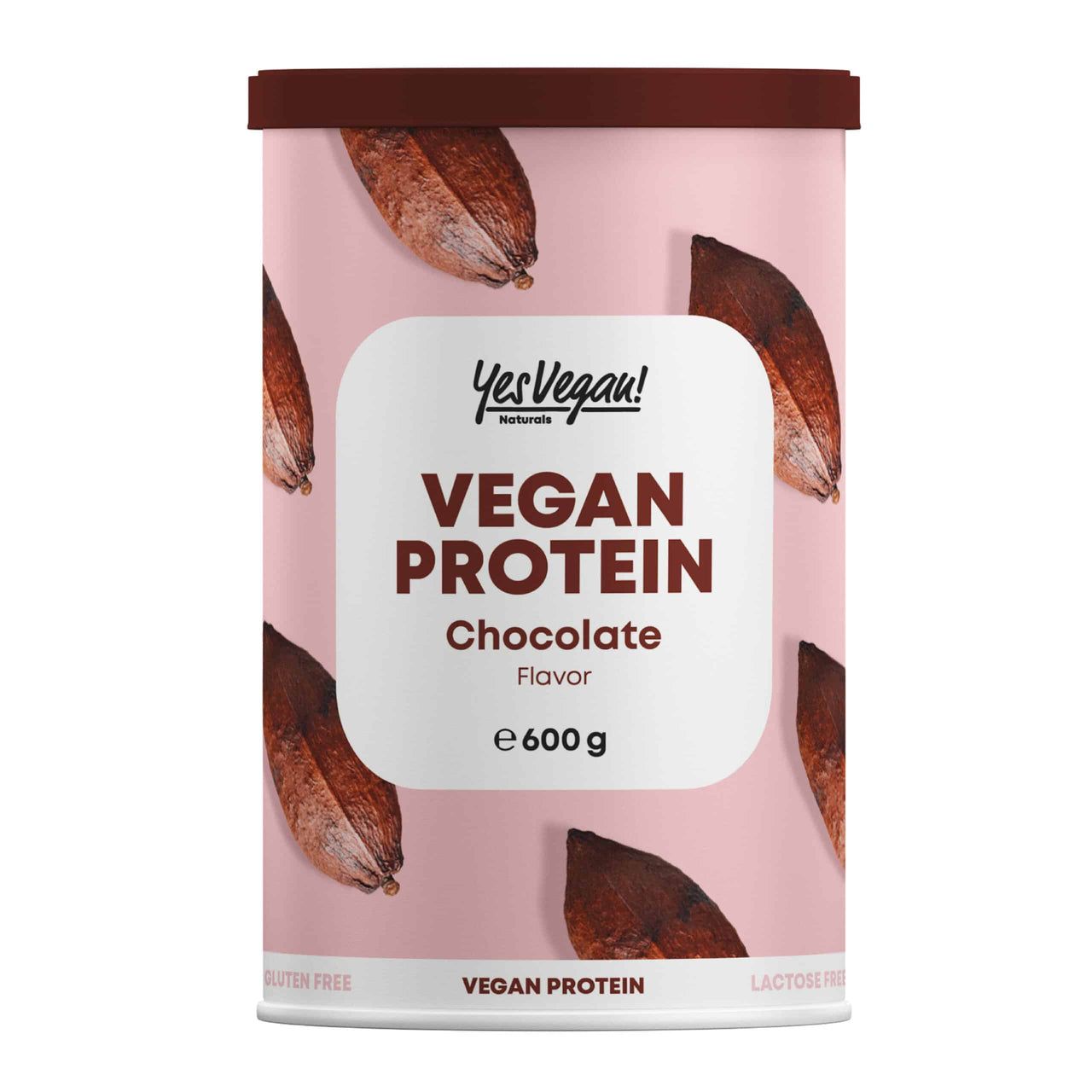 Dose Veganes Proteinpulver Schokolade (600 g) mit Kakaobohnen-Muster, gluten- und laktosefrei.