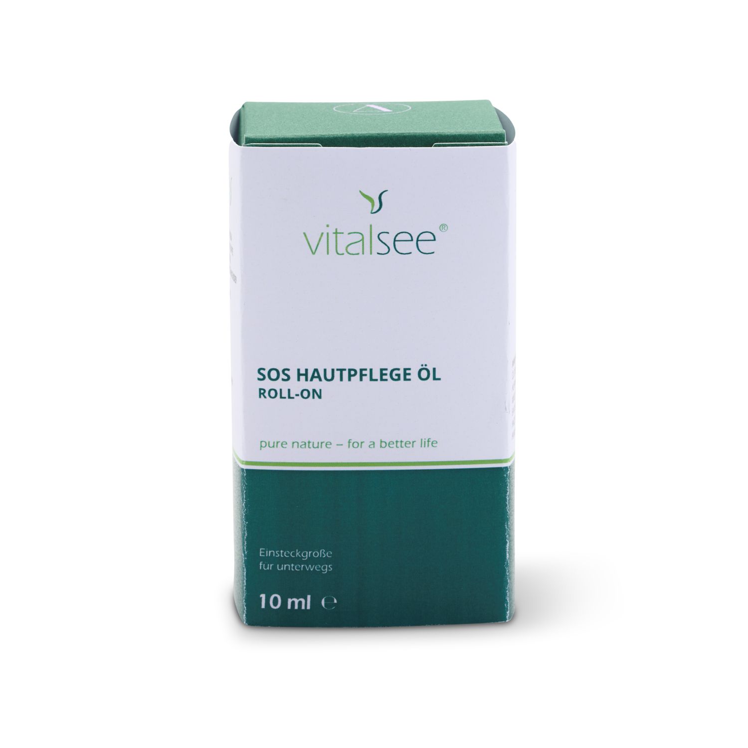 Weiße Schachtel mit grüner Ober- und Unterseite. Aufschrift: vitalsee, SOS Hautpflege Öl Roll-on, 10 ml.