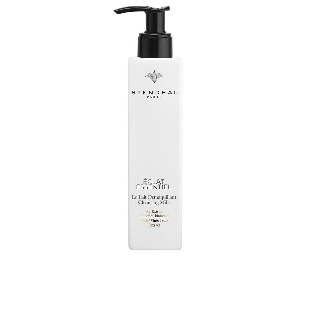 Weiße Flasche mit schwarzem Pumpkopf. Aufschrift: Stendhal Paris, Éclat Essentiel, Cleansing Milk.