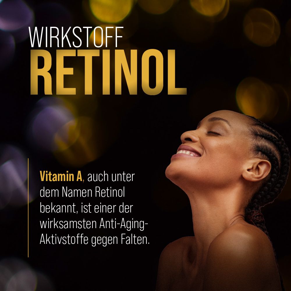 Werbung mit dem Wort "RETINOL" in Gold. Text: Vitamin A, auch unter dem Namen Retinol bekannt, ist einer der wirksamsten Anti-Aging-Aktivstoffe.