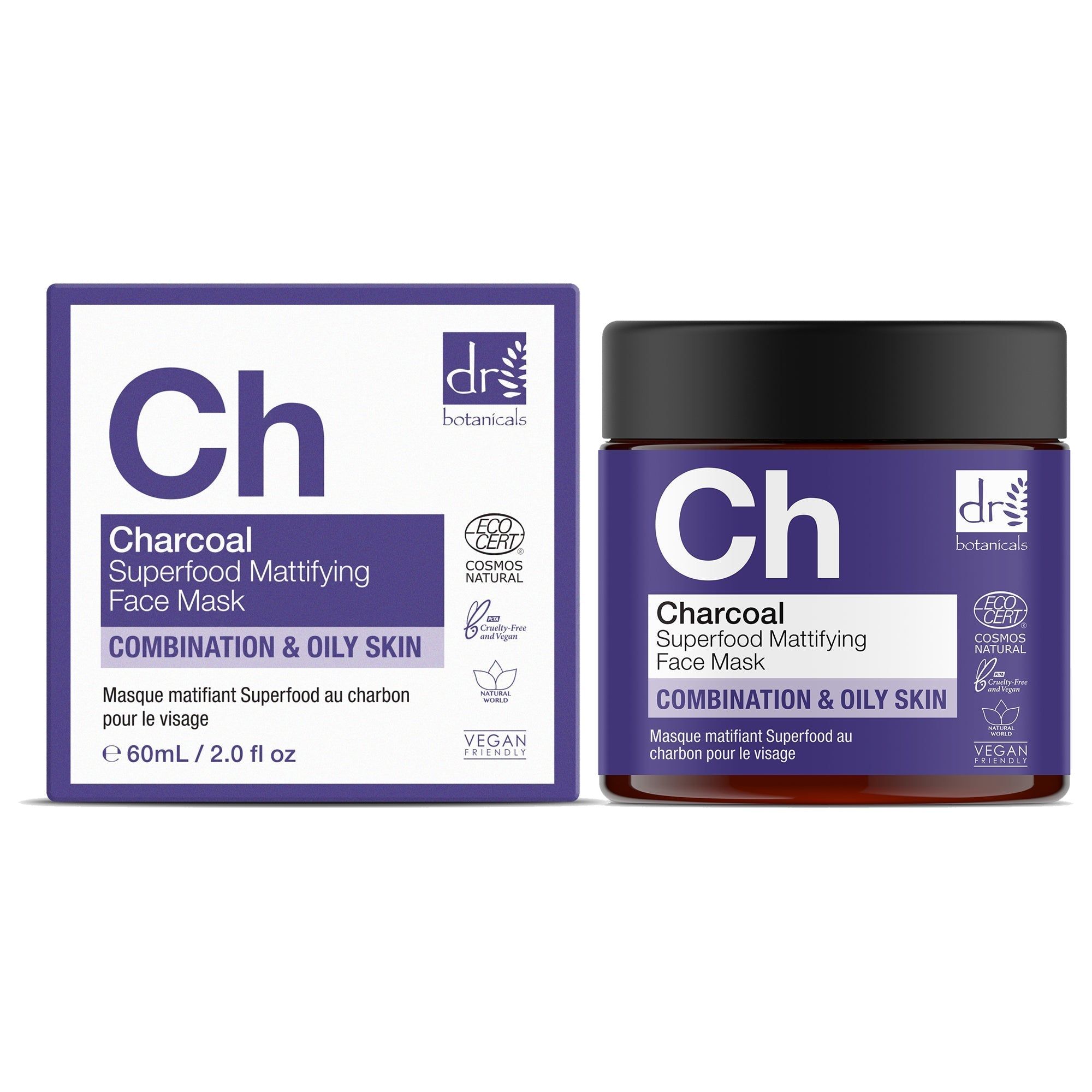 Zwei Gesichtsmasken-Behälter. Ein Tiegel und eine Schachtel. Beide mit lila Etiketten und weißer Schrift. Aufschrift: Charcoal Superfood Mattifying Face Mask. Vegan-Siegel.