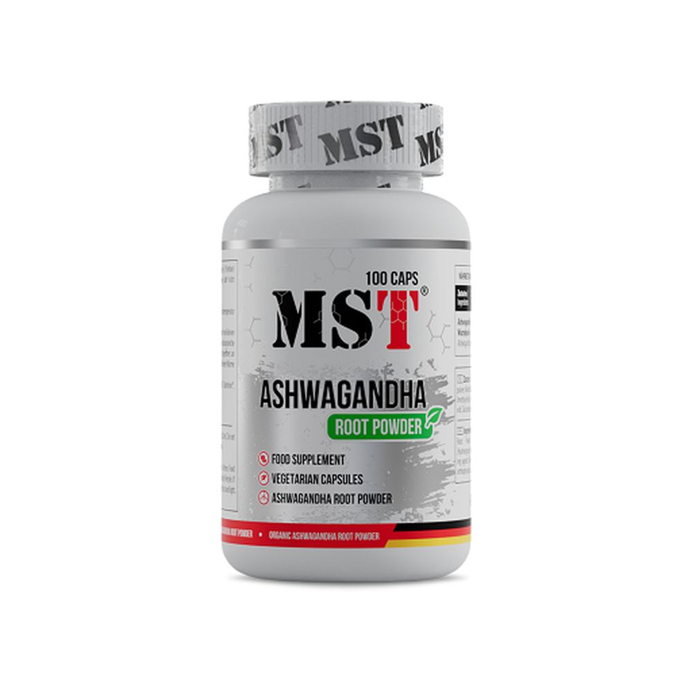 Weiße Kapsel-Dose mit rotem und grünem Etikett. Aufschrift: MST Ashwagandha. Enthält 100 Kapseln.