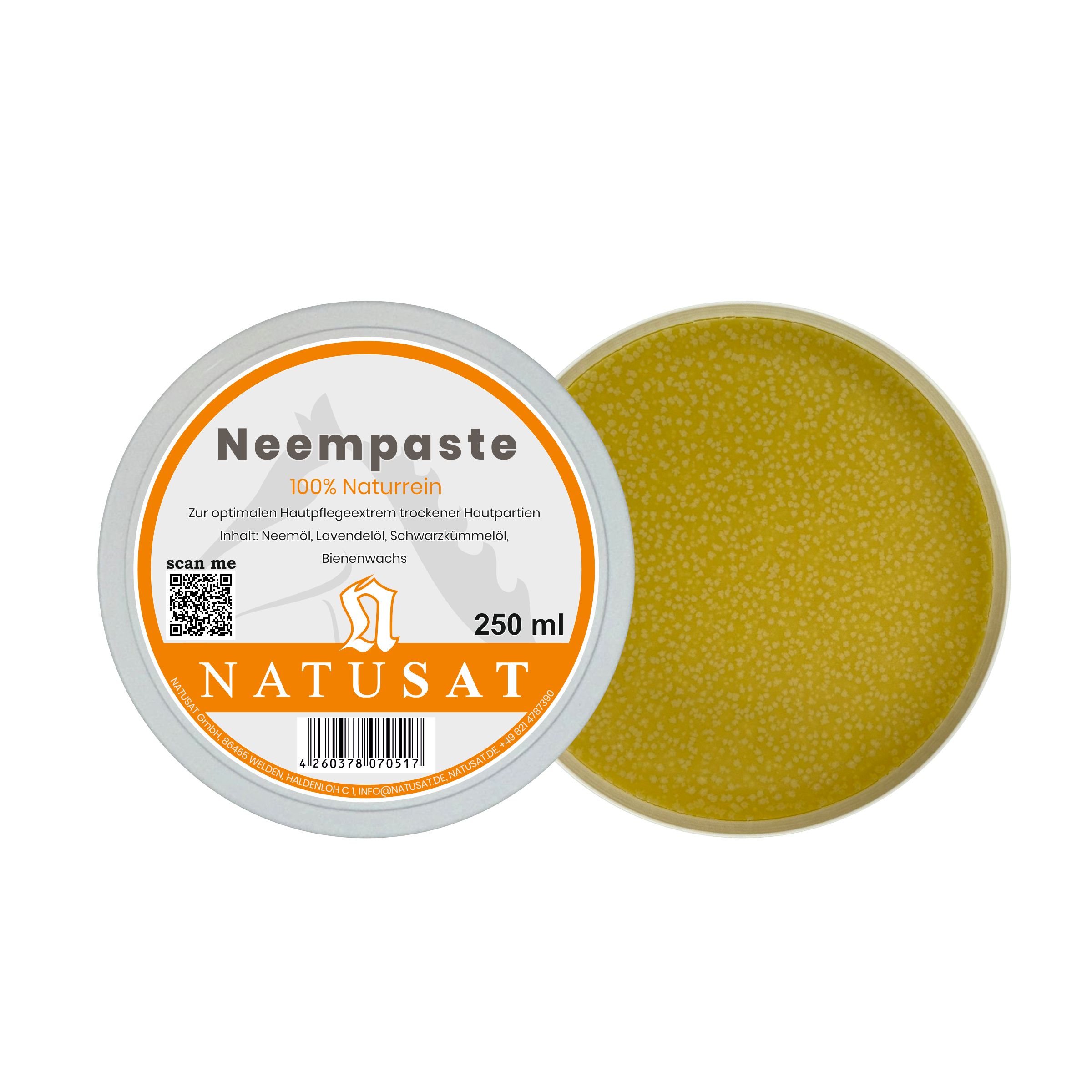 Natusat Neempaste 250 ml Tiegel geöffnet, daneben die Paste.