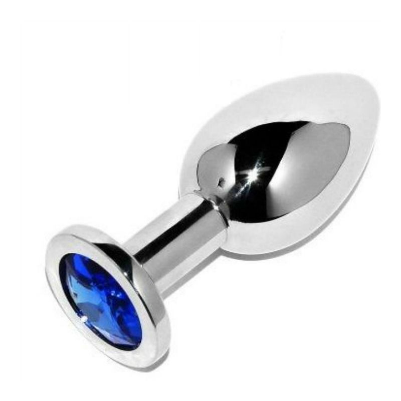 Analstecker aus Metall mit blauem Diamanten. Glänzende Oberfläche, zylindrischer Schaft, abgerundete Basis.