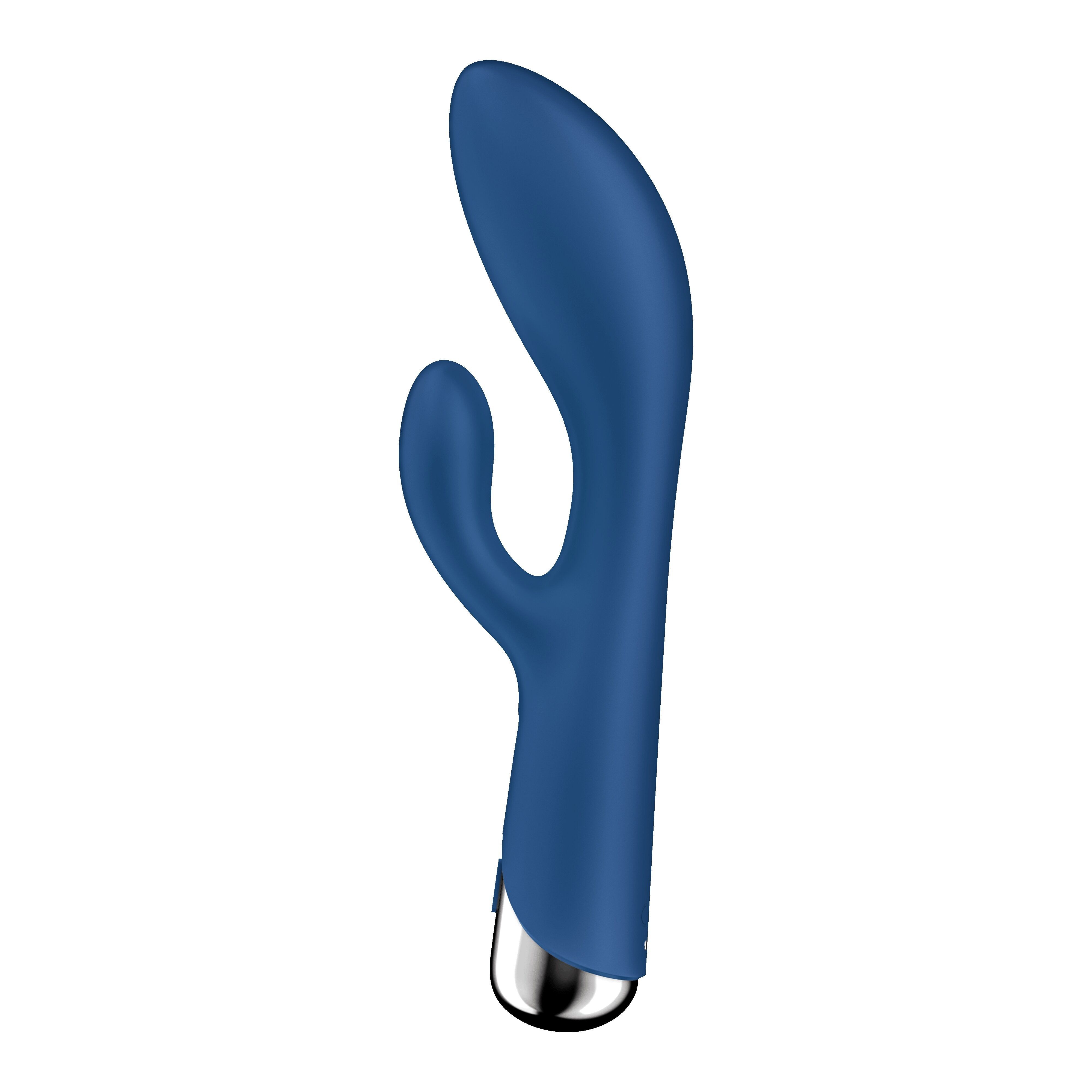 Blauer Vibrator mit gebogener Form und einem zusätzlichen, kleineren Aufsatz. Silberfarbener Abschluss.
