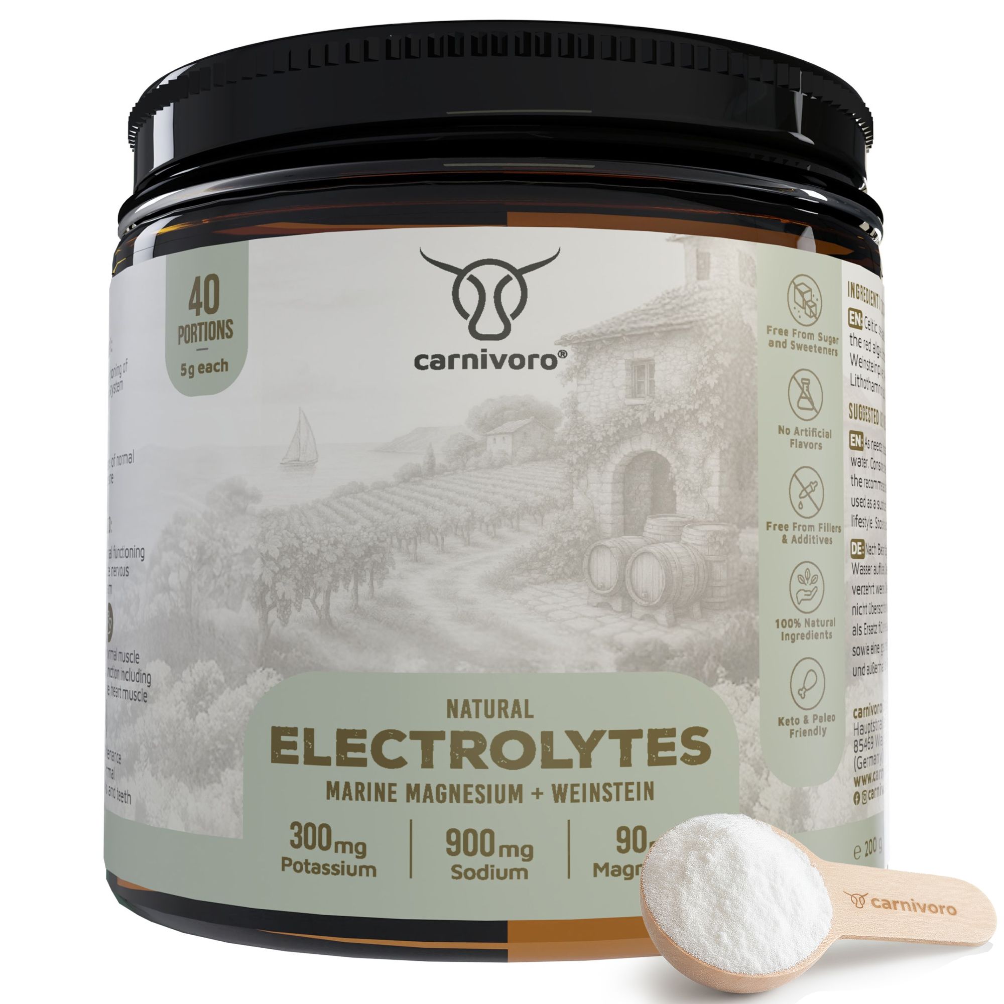 Dose carnivoro® Natürliche Elektrolyte. Text: 40 Portionen, 5g each. Marine Magnesium + Weinstein. 300mg Kalium, 900mg Natrium, 90mg Magnesium.