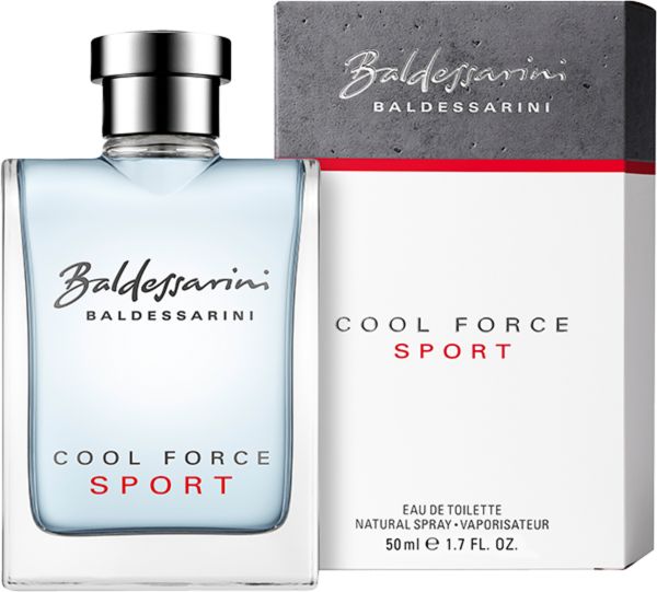 Baldessarini Cool Force Sport Eau de Toilette. Flakon und Verpackung. Text und Logo.