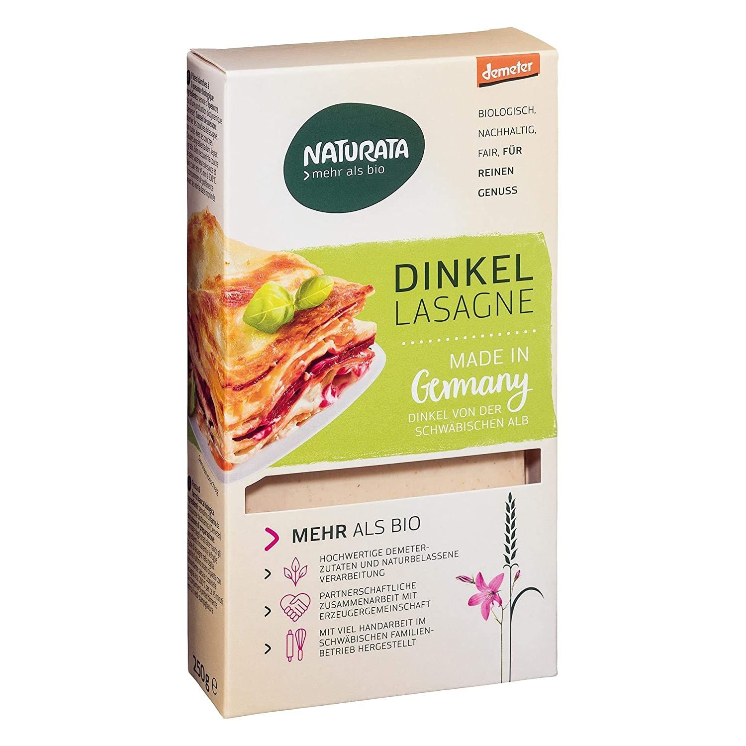 Naturata Bio Dinkel Lasagne Platten Packung mit Nahaufnahme des Produktdesigns und Siegeln.