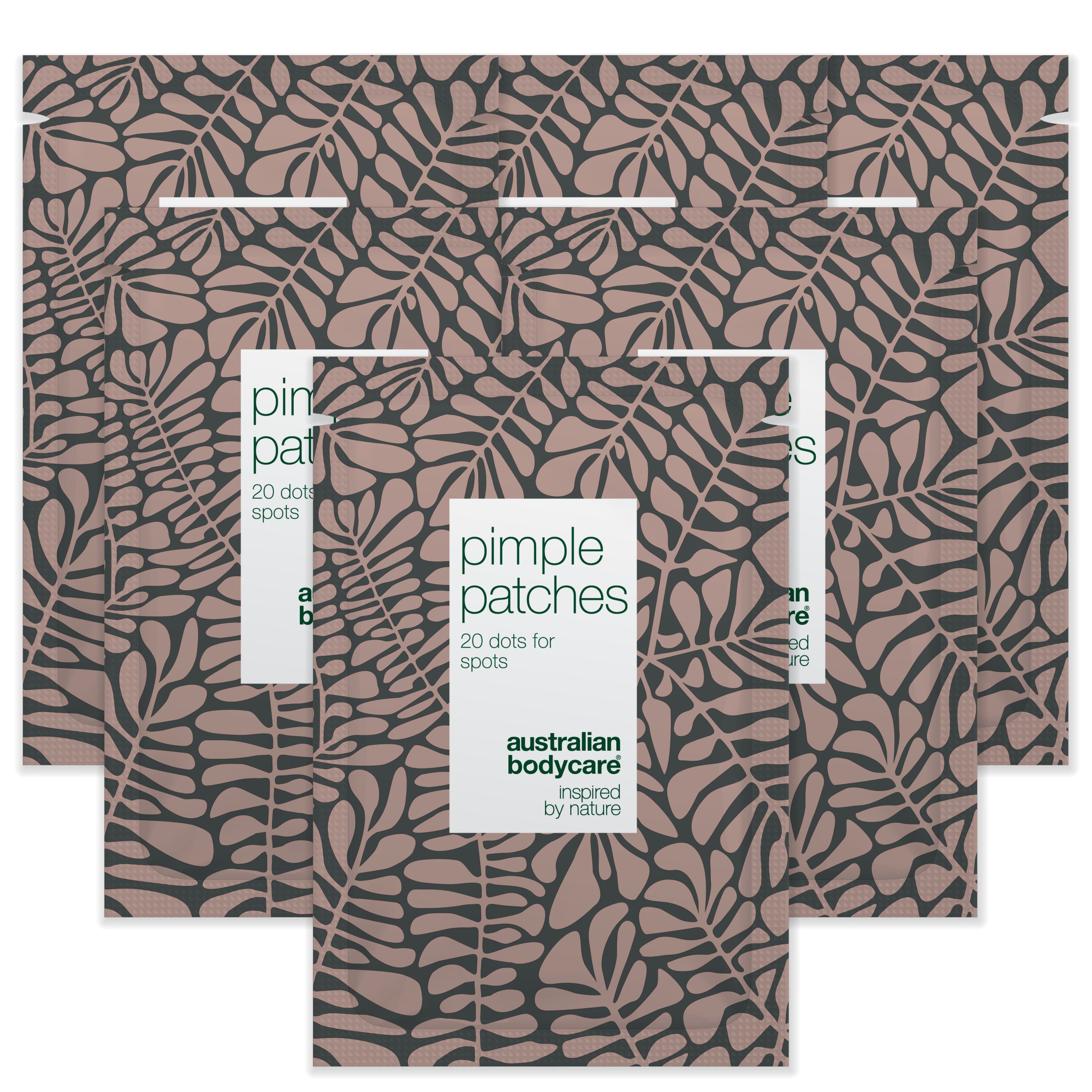 Packung Pickel Patches. Enthält mehrere Packungen mit je 20 Patches. Aufdruck: Australian Bodycare, Pimple Patches.