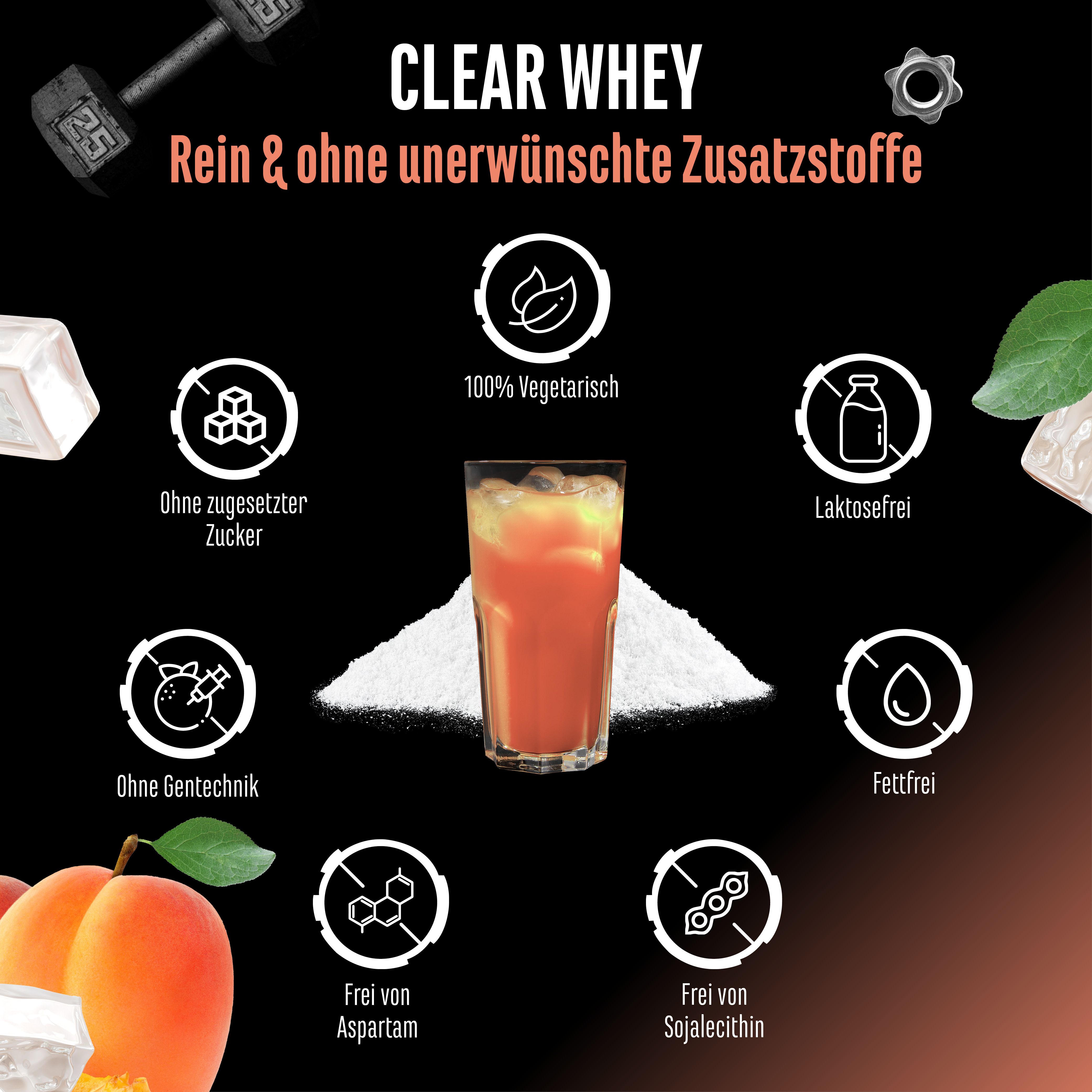 Werbebild für Clear Whey Protein. Text: Ohne zugesetzten Zucker, 100% vegetarisch, laktosefrei, ohne Gentechnik, fettfrei, frei von Aspartam, frei von Sojalecithin. Abbildung von Aprikosen.