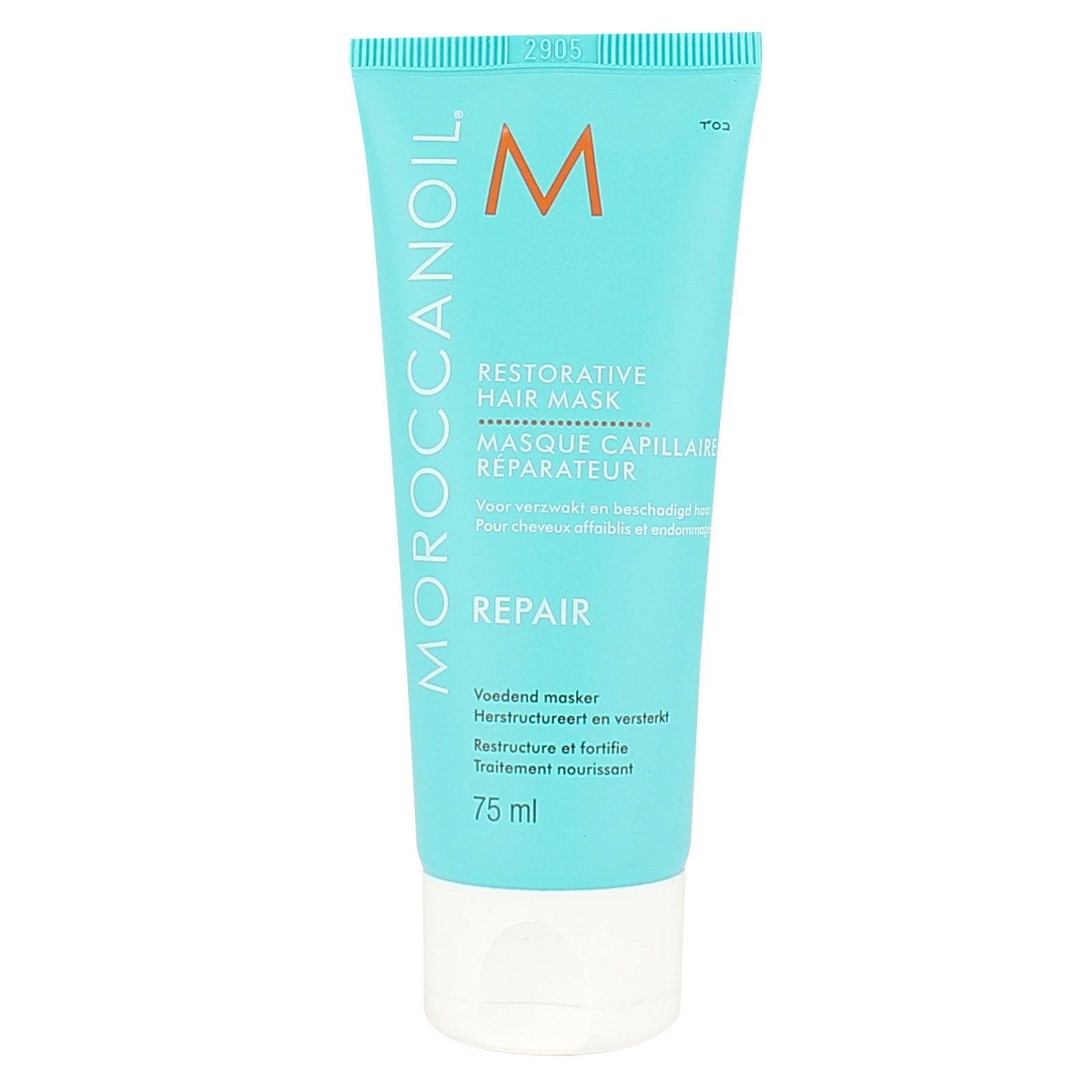 Moroccanoil Restorative Hair Mask Tube, 75 ml. Türkisfarbene Verpackung mit orangefarbenem Logo und Produktinformationen.