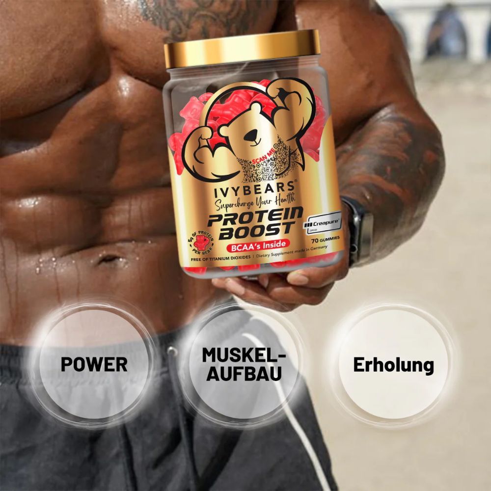 Mann hält Dose mit Gummibärchen. Aufschrift: IVYBEARS Protein Boost. Kreisförmige Symbole mit Text: Power, Muskelaufbau, Erholung.