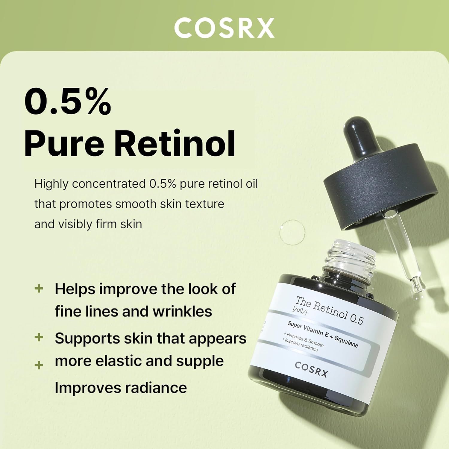 Glasflasche mit Pipette. Aufschrift: The Retinol 0.5. Super Vitamin E + Squalan. Logo COSRX. Text: 0.5% Pure Retinol.