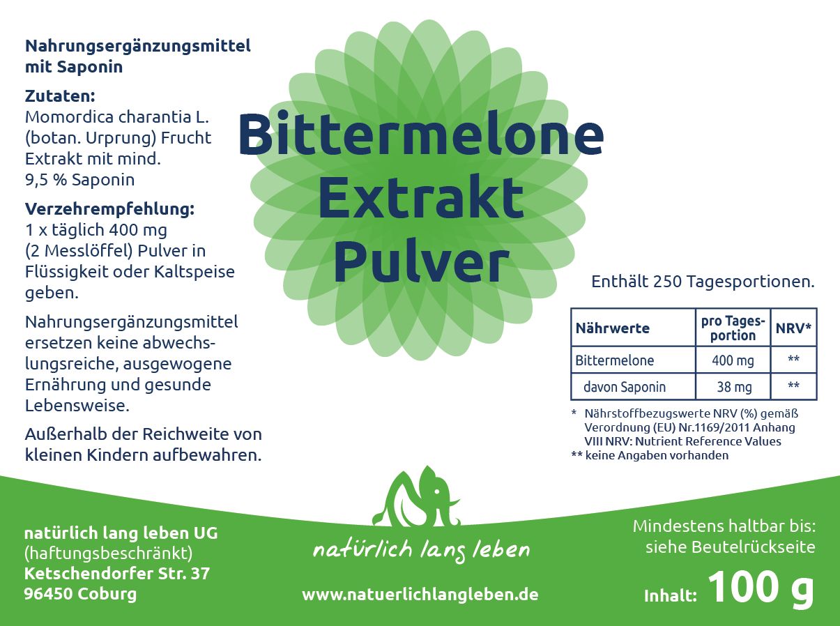 Etikett mit Produktinformationen. Bittermelone Extrakt Pulver. Zutaten, Verzehrempfehlung, Nährwerte. Inhalt: 100 g. Marke: natürlich lang leben.