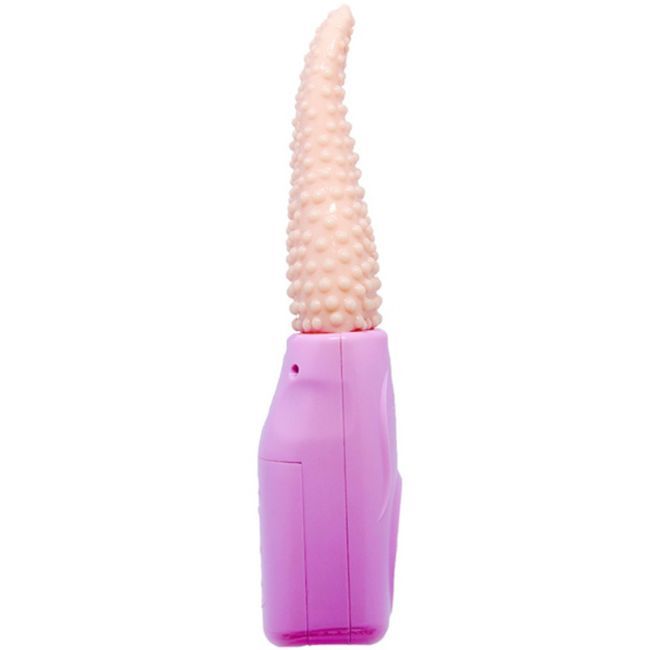 Zungen-Vibrator, rosa Basis, beige, strukturierte Spitze. Seitenansicht.