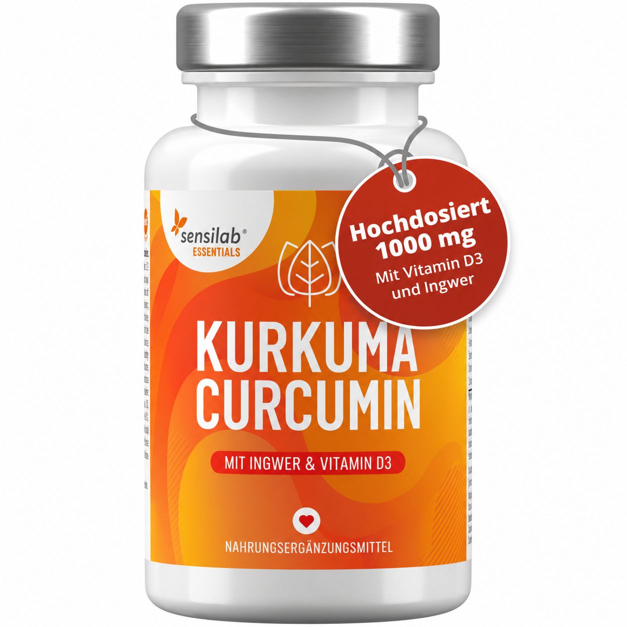 Eine Flasche Kurkuma Curcumin Nahrungsergänzungsmittel. Hochdosiert 1000 mg mit Vitamin D3 und Ingwer.