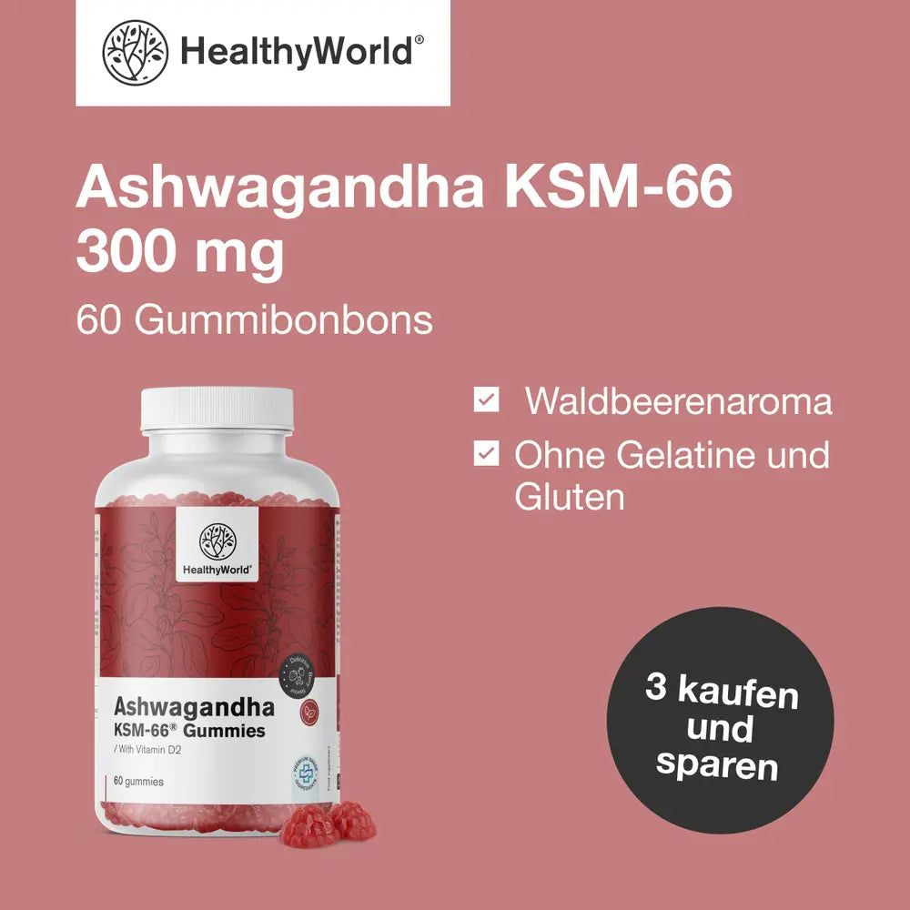 Eine Flasche Ashwagandha KSM-66 Gummies mit roten Gummibärchen. Das Logo und der Markenname HealthyWorld sind zu sehen. Text: 60 Gummibonbons.