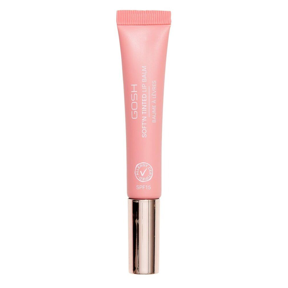 Rosa getönter Lippenbalsam in Tube. Aufschrift: GOSH Soft'n Tinted Lip Balm. Mit SPF15 und Vegan-Siegel. Metallfarbener Verschluss.