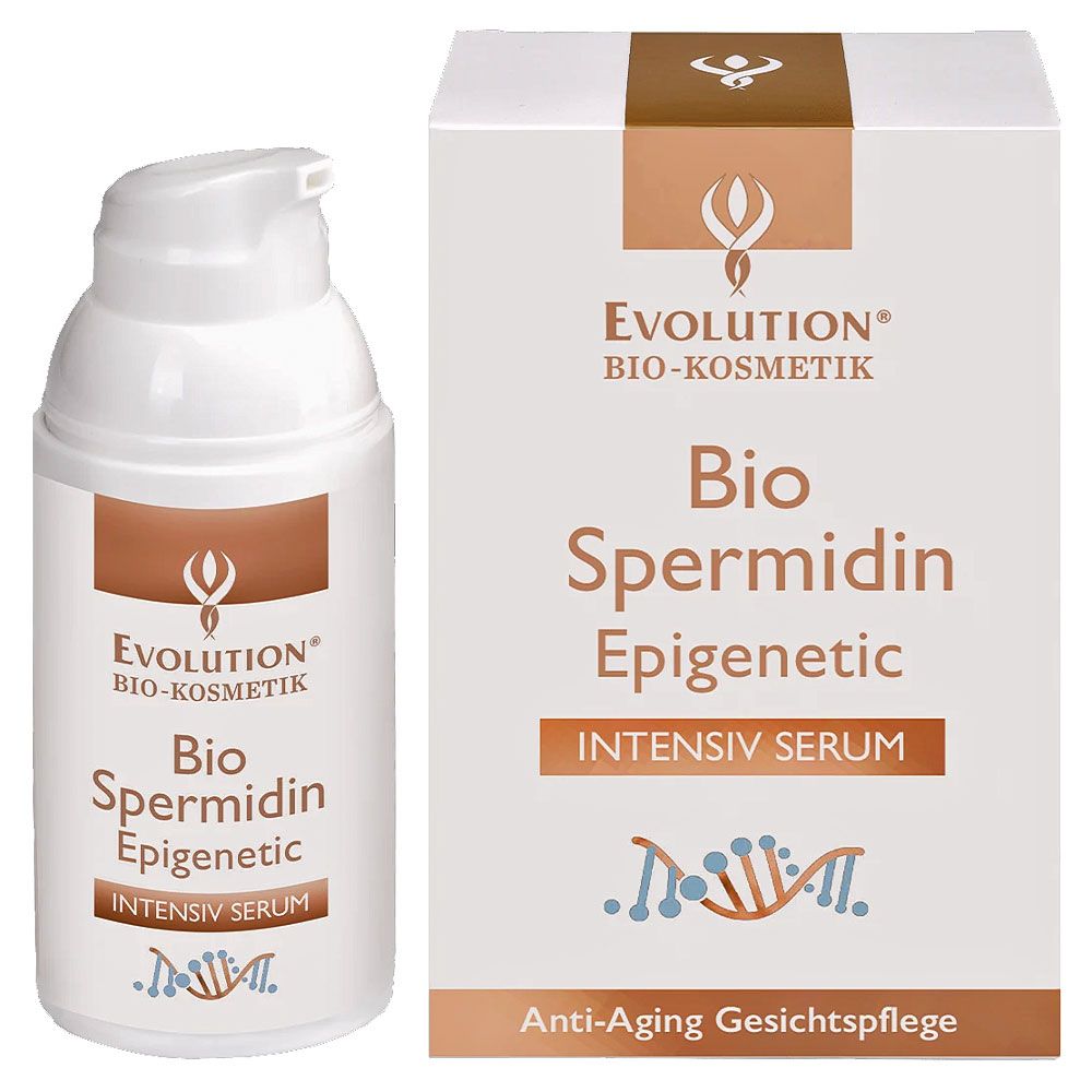 Weißer Spender und Karton mit Produktinformationen. Aufschrift: Evolution Bio Spermidin Epigenetic Intensiv Serum. Anti-Aging Gesichtspflege.