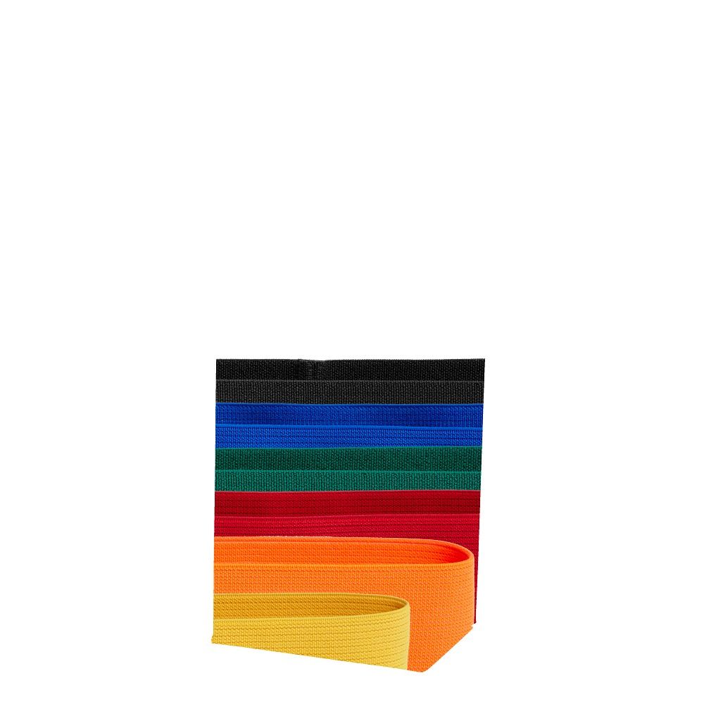 Stapel von sechs Fitnessbändern in verschiedenen Farben: schwarz, blau, grün, rot, orange und gelb.