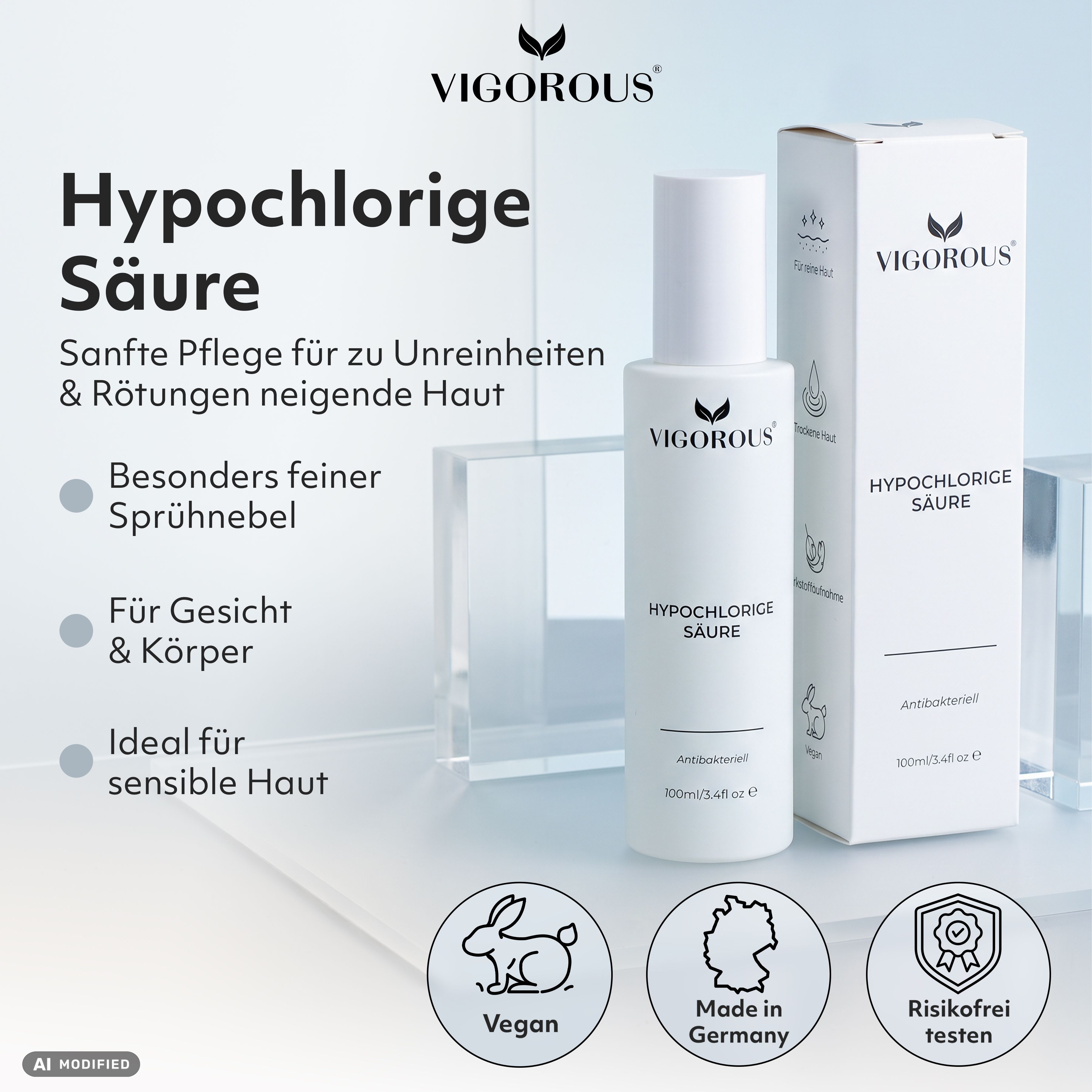 Vigorous Hypochlorous Säure Spray für Gesicht & Körper. Vegan, Made in Germany.