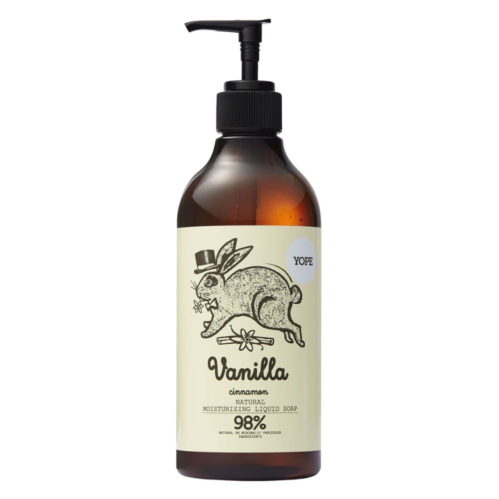 Braune Flasche mit schwarzem Pumpkopf. Etikett mit Hase, Schriftzug "Vanilla" und "98%".