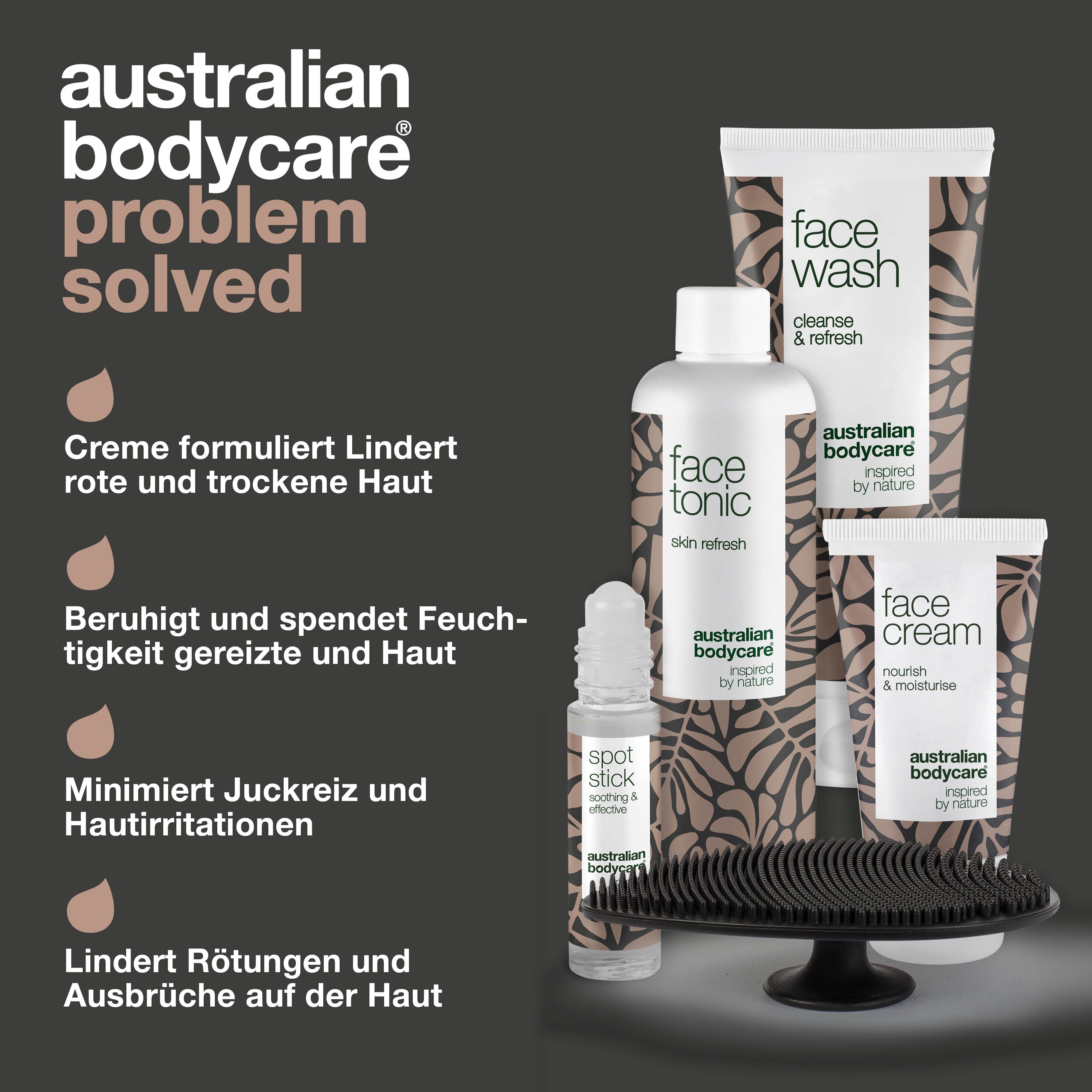 Gesichtsset mit Bürste. Text: Creme formuliert, beruhigt, minimiert Juckreiz, lindert Rötungen.