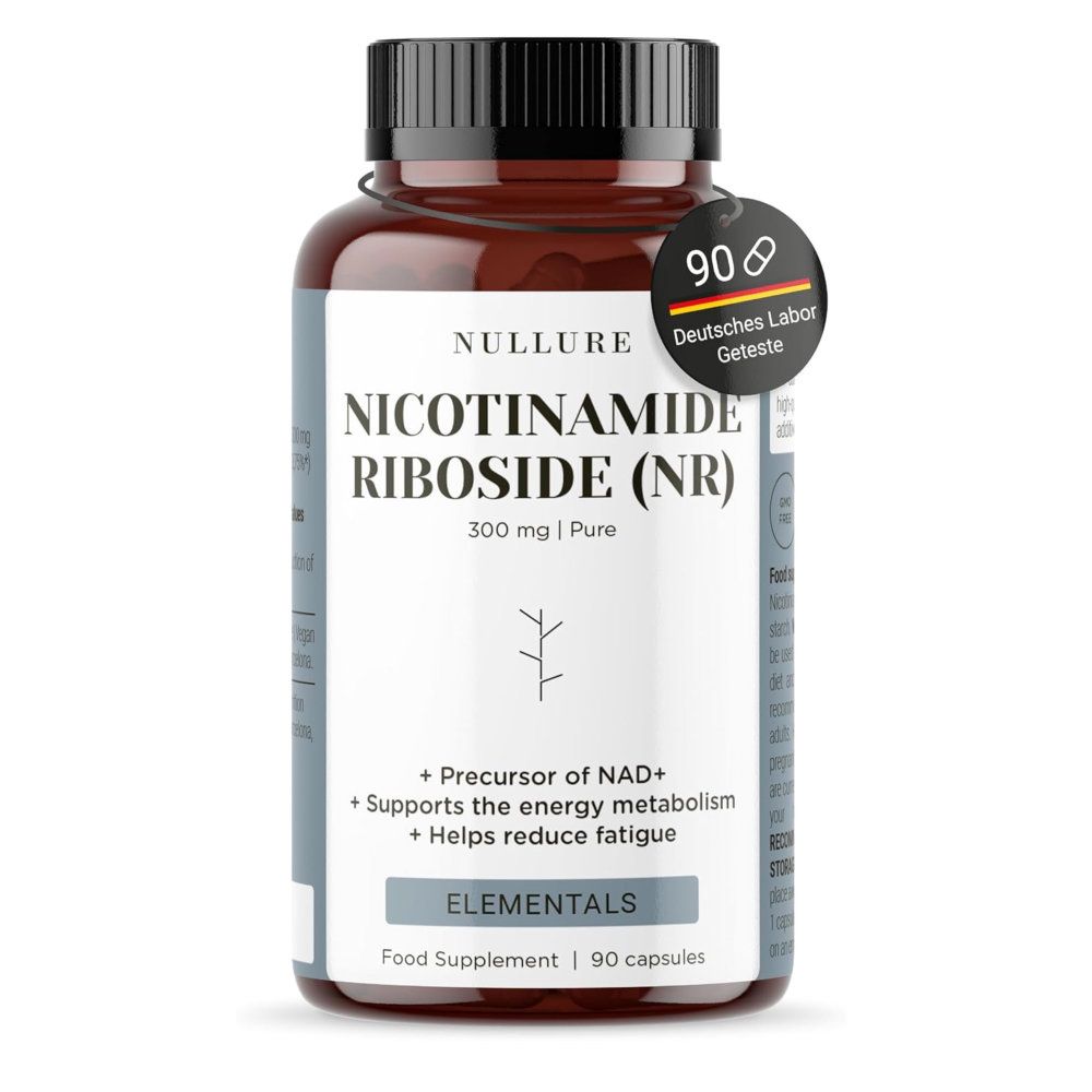 Braune Flasche mit schwarzen Deckel. Aufschrift: Nullure Nicotinamid Riboside (NR) 300mg. 90 Kapseln. Deutsches Labor Getestet.