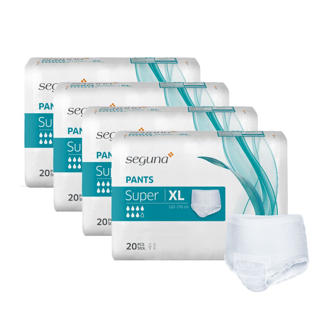 Vier Packungen SEGUNA Pants Super XL. Weiße Pants daneben. Packungen mit 20 Stück. Größe 120-170 cm.