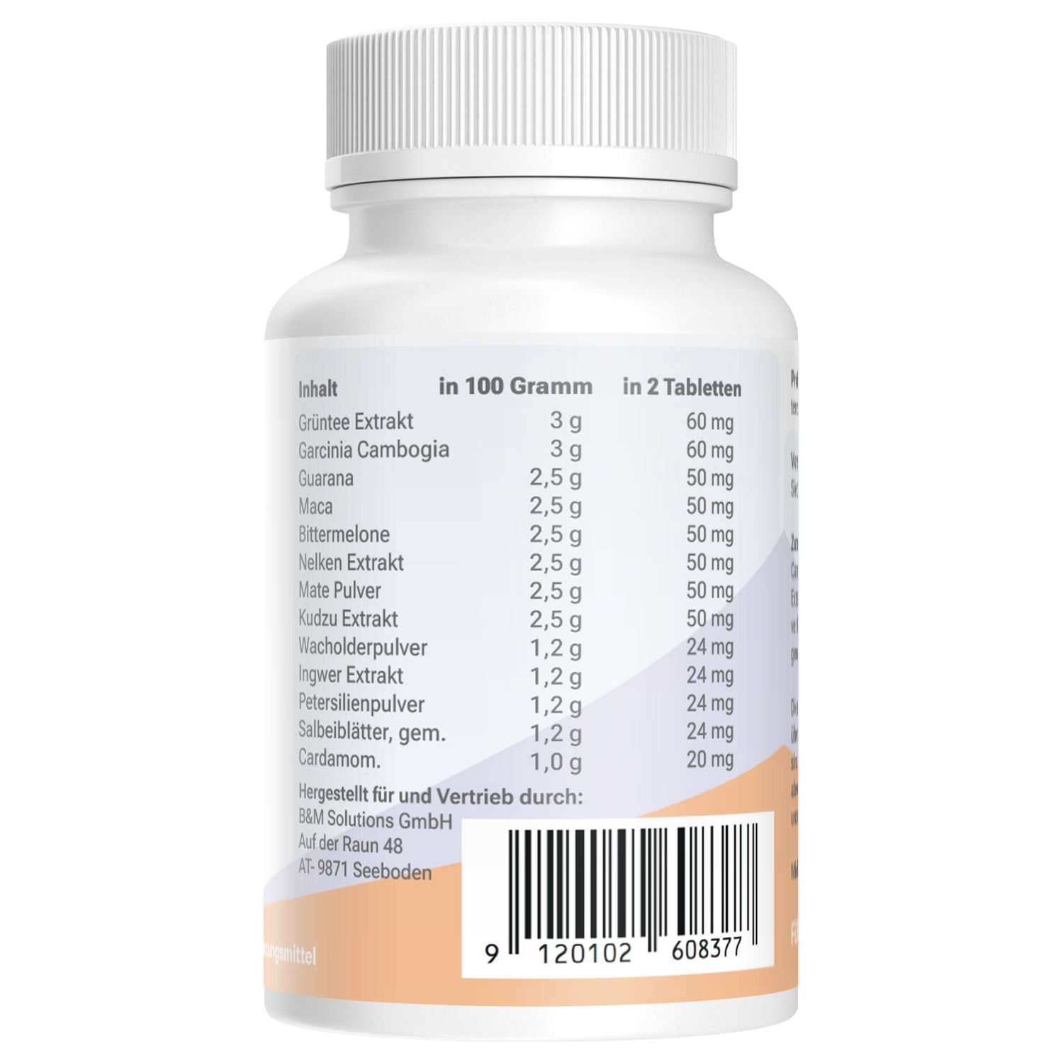 Rückseite einer weißen Tablettenflasche. Aufkleber mit Inhaltsstoffangaben pro 100g und pro 2 Tabletten. Barcode unten.