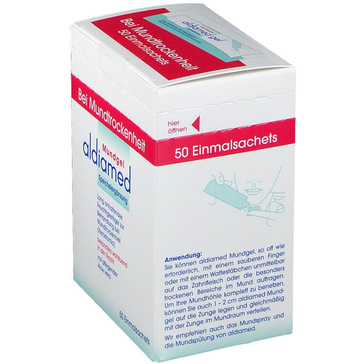 Weißer Karton mit roter Schrift. Aufschrift: aldiamed Mundgel Speichelergänzung. 50 Einmalsachets. Geöffnet.