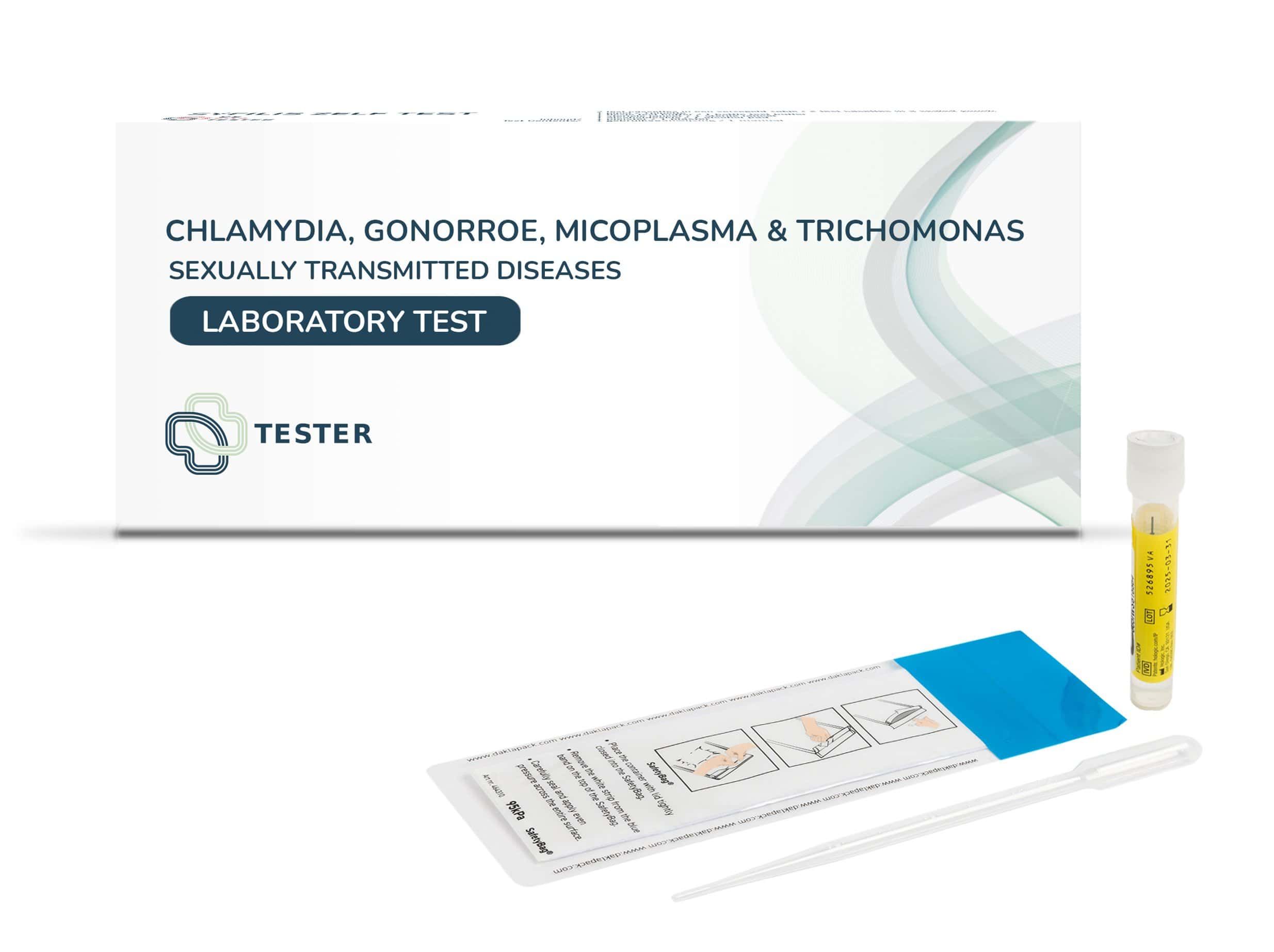 Chlamydien-, Gonorrhoe-, Mykoplasmen- & Trichomonaden-Testkit mit Verpackung, Teströhrchen und Pipette.