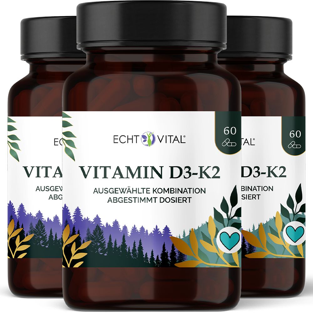 Drei Flaschen Echt Vital Vitamin D3-K2 mit Wald- und Herzmotiv auf dem Etikett.