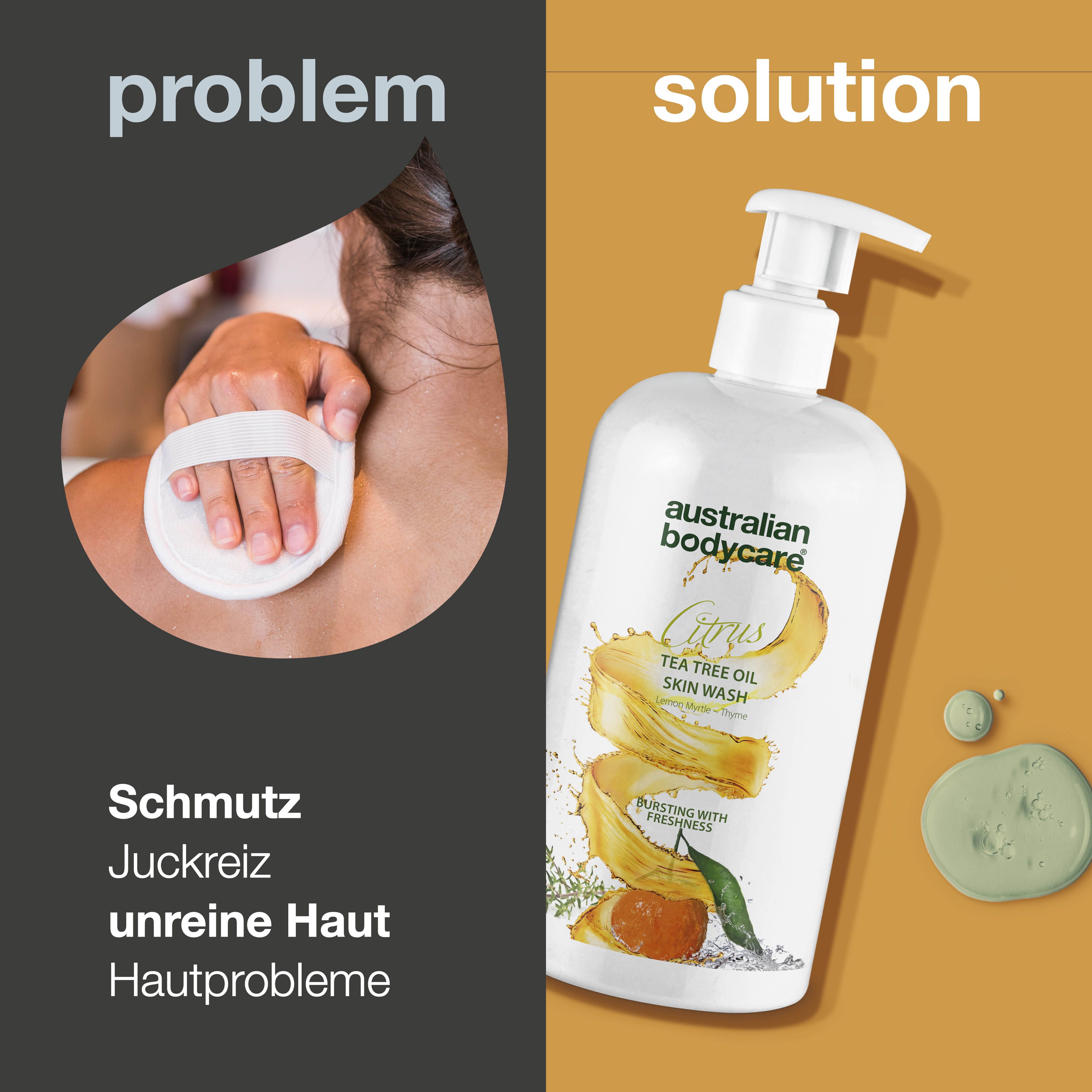 Zweiteiliges Bild. Links: Person mit Schwamm. Rechts: Flasche Australian Bodycare Citrus Skin Wash.