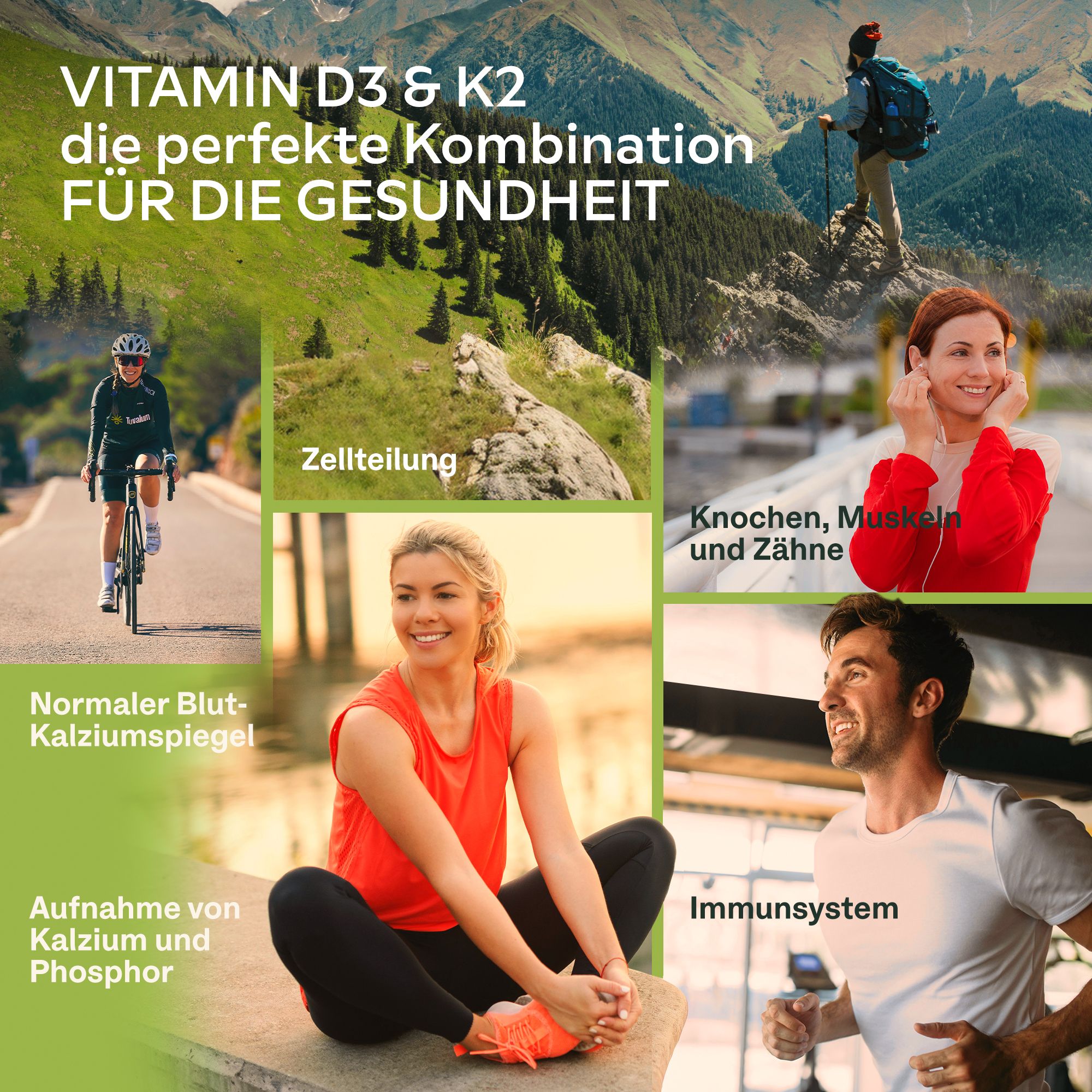 Collage mit Bildern. Vitamin D3 & K2 für Gesundheit. Zellteilung, Knochen, Muskeln, Zähne, Immunsystem.