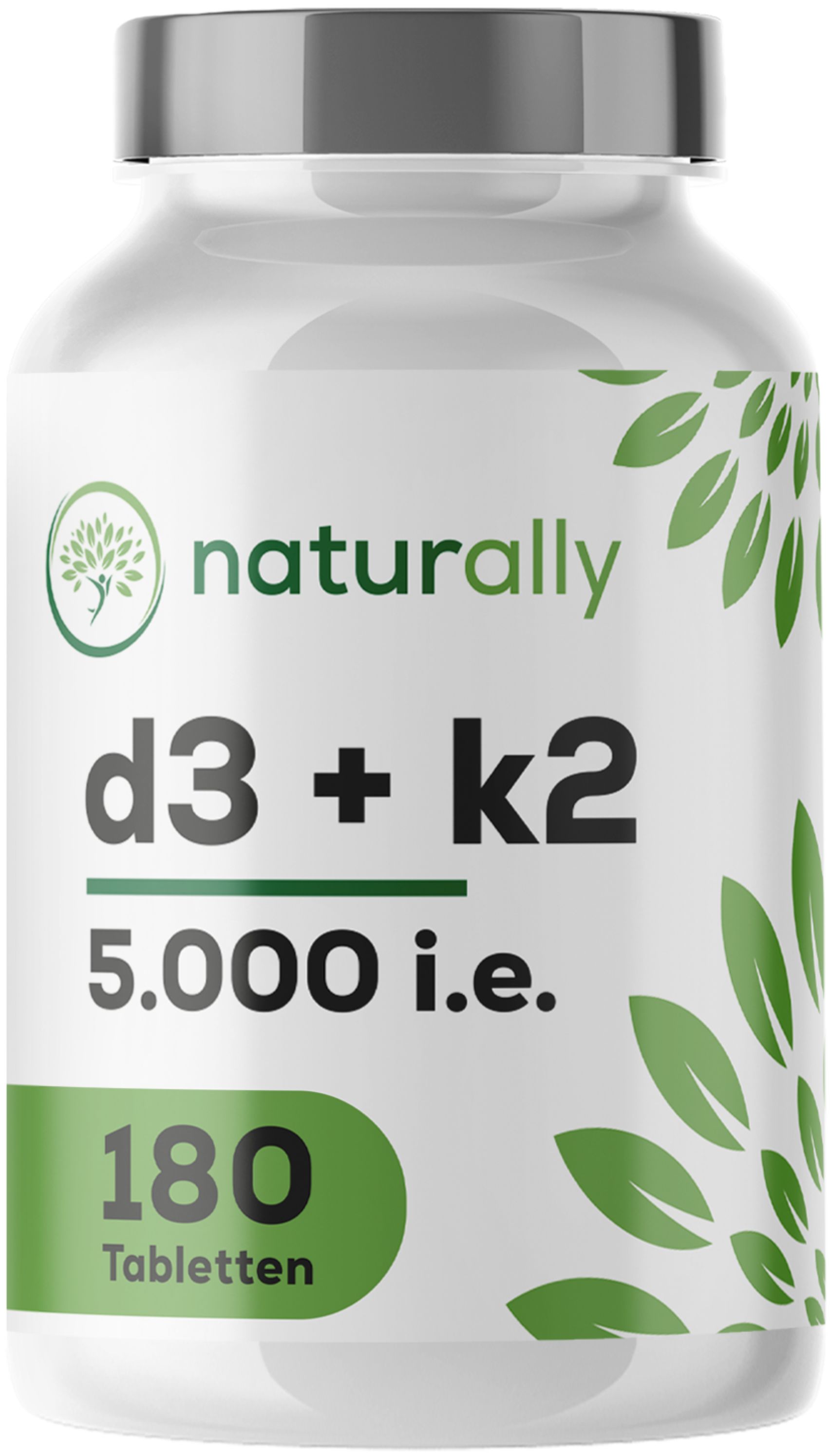 Weiße Flasche mit 'naturally d3 + k2 5.000 i.E. 180 Tabletten'.