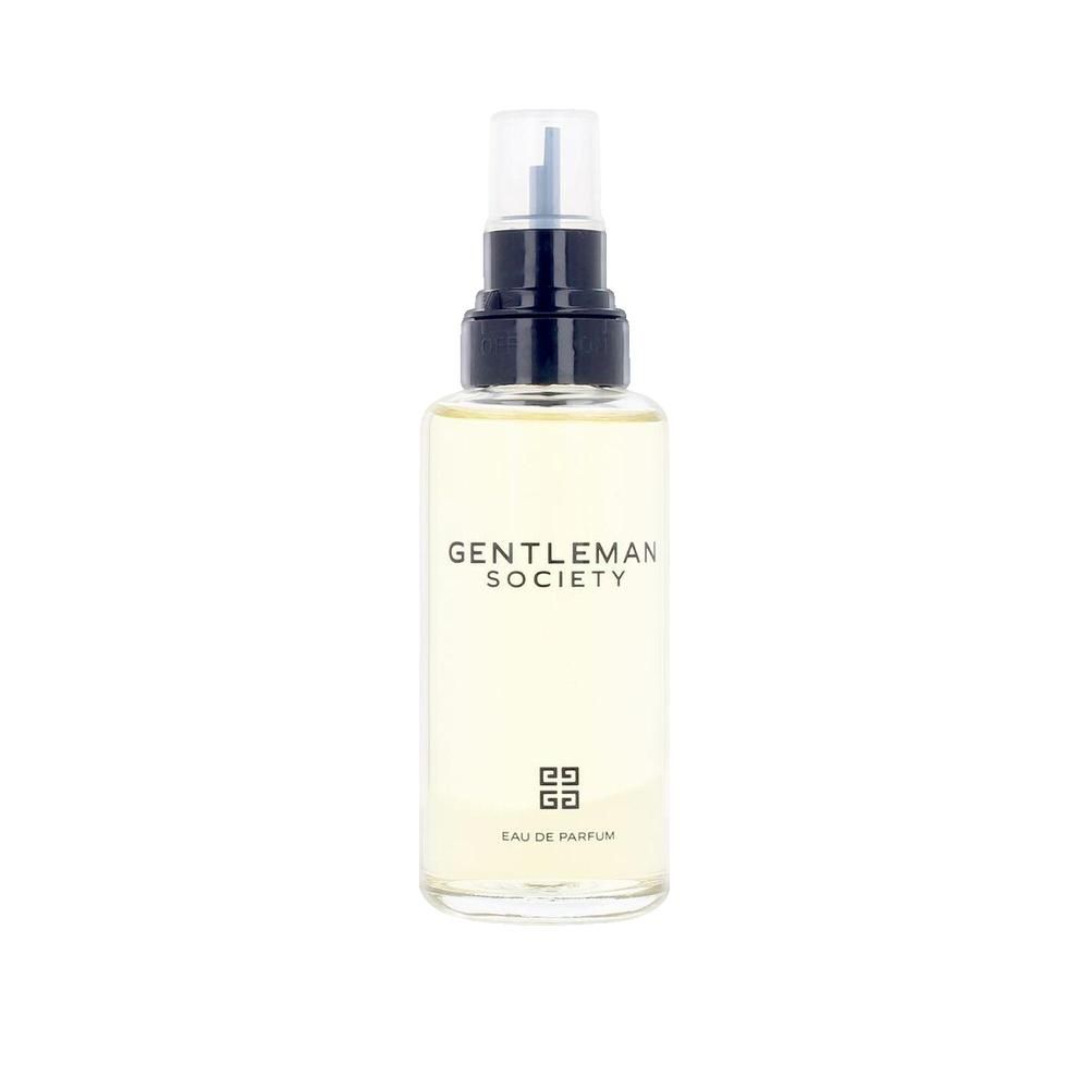 Parfumflasche mit Zerstäuber. Aufschrift: GENTLEMAN SOCIETY, Eau de Parfum. Schwarzer Zerstäuber, transparente Flüssigkeit.